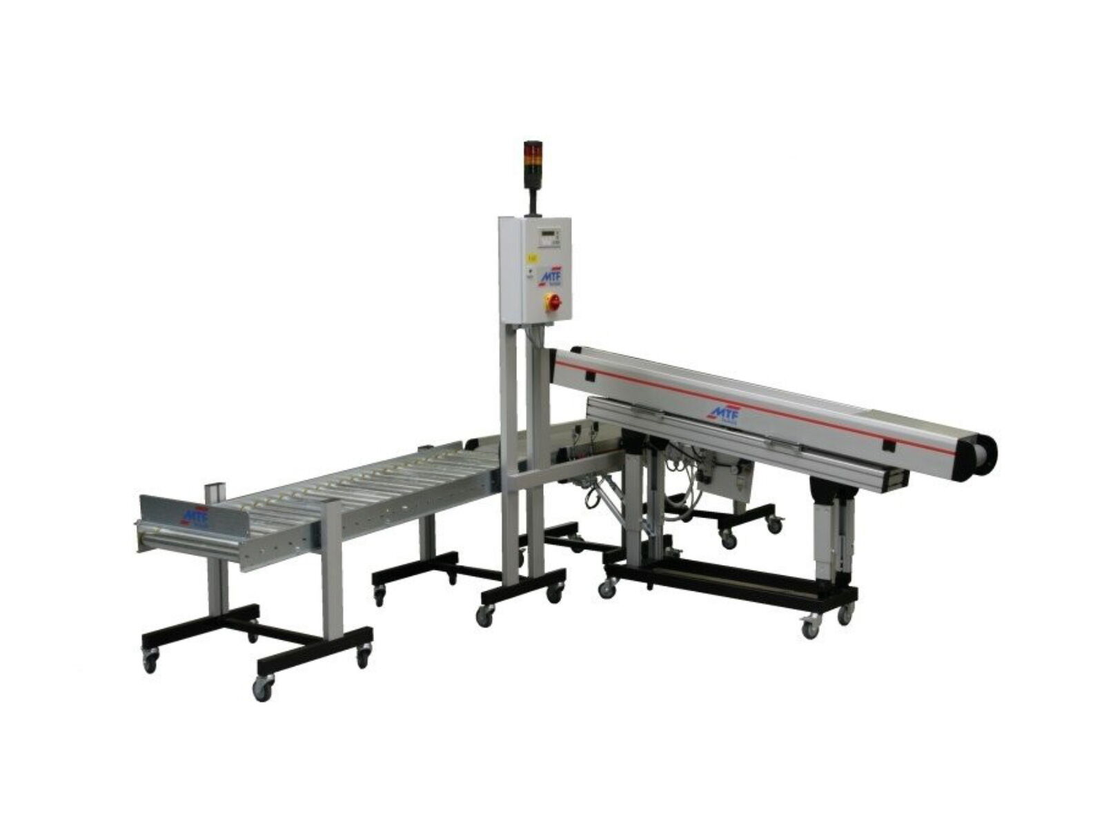 GL-LD 010 special belt conveyor with a GL-HM 140 container conveyor belt as a linear buffer with roller conveyor with galvanized rollers and mobile base frame