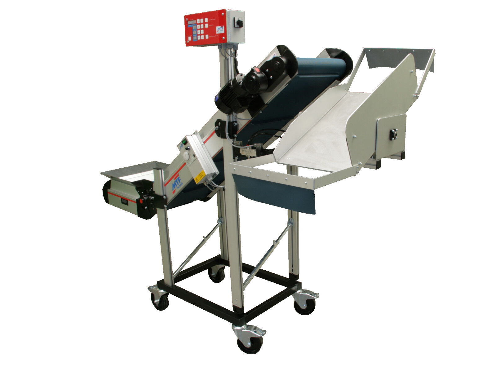 NL-LD 120 angle conveyor with distribution rocker, petrol-coloured cleated belt and mobile base frame