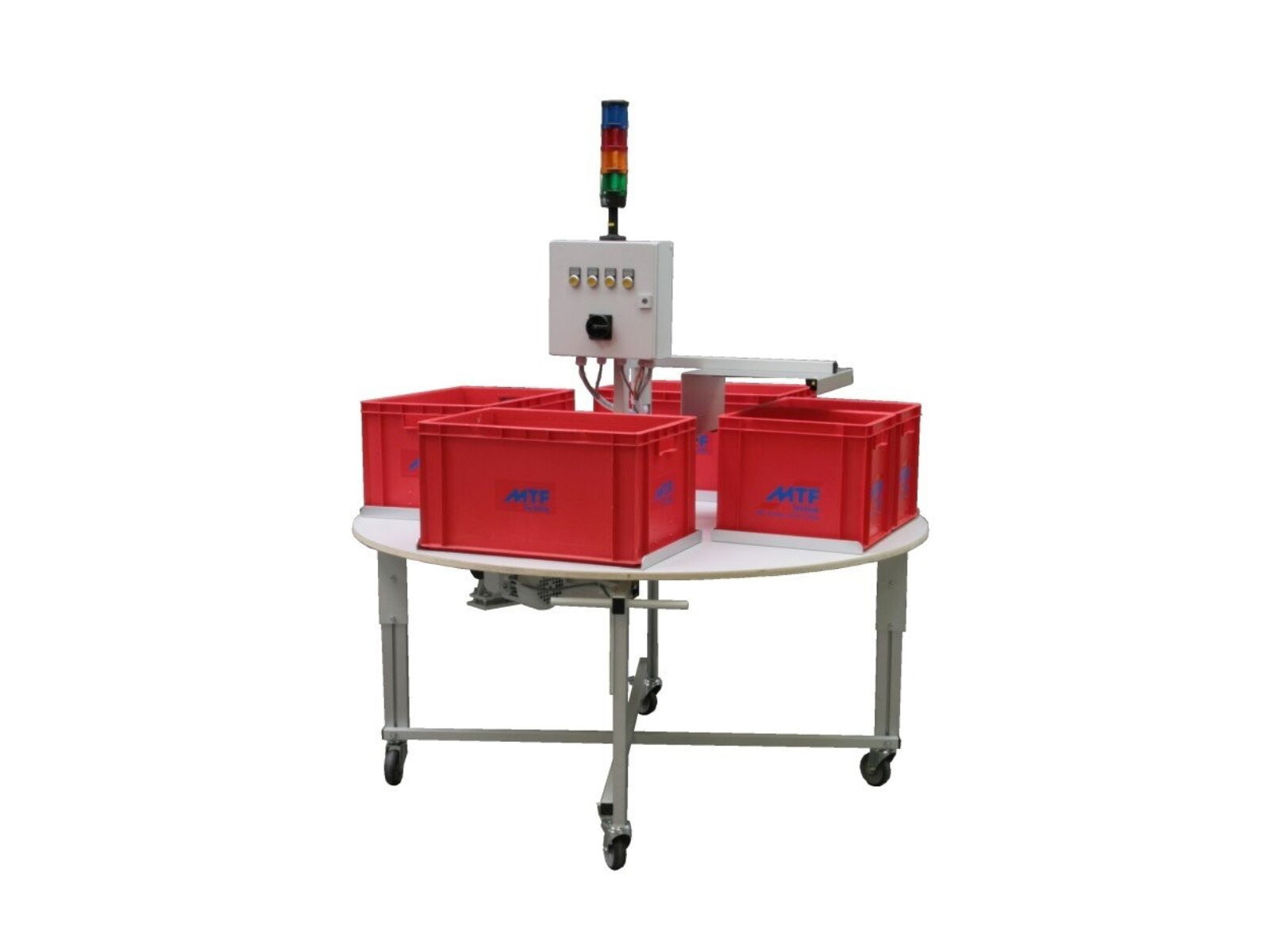 Pick-up system in special design with buttons and sensors for a reliable buffering of filled bags in containers