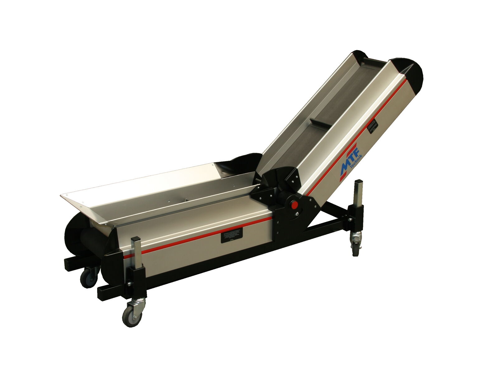 NL-KF 010 angle conveyor with gray cleated belt and mobile base frame