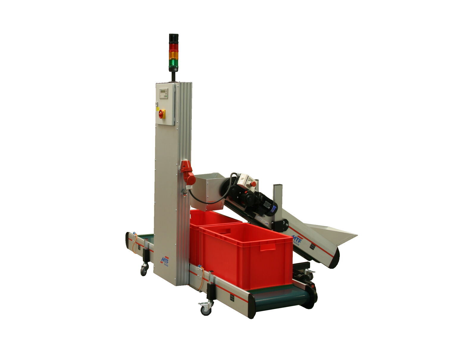 Gerader Gurtförderer GL-EM 010 als Kistenspeicher mit Zuführförderer mit petrolfarbenem, glattem Gurt und fahrbarem, flachem Untergestell