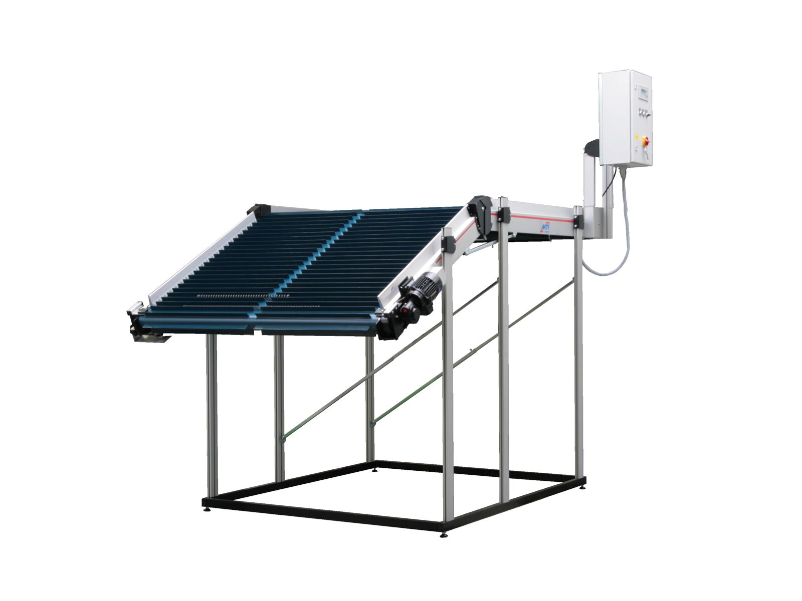 Winkelförderer PL-LD 120 Sonder, 1600mm breit mit blauem, geteiltem Stollengurt