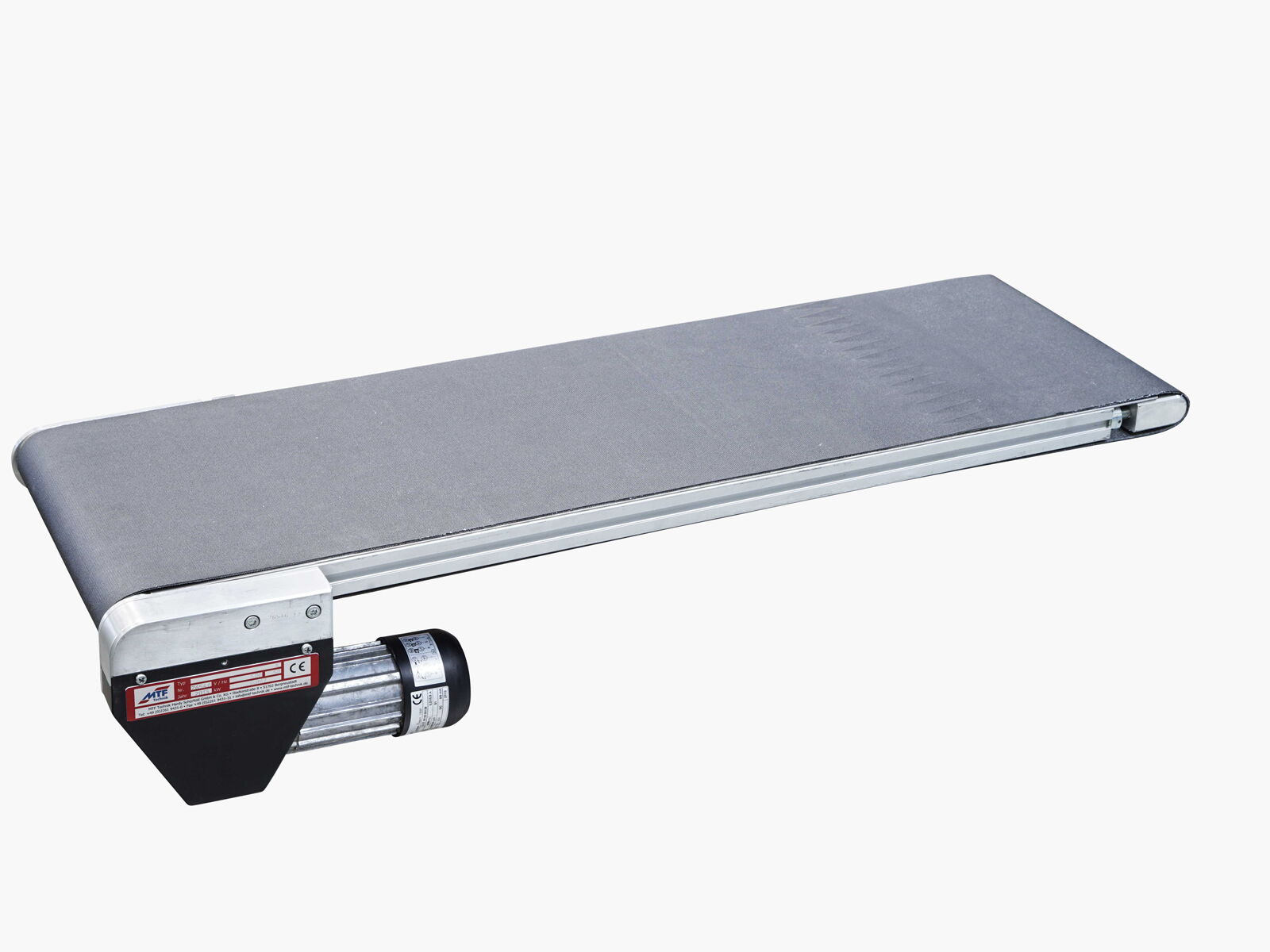 IL small conveyor with drive located underneath, gray smooth belt, and without side guides