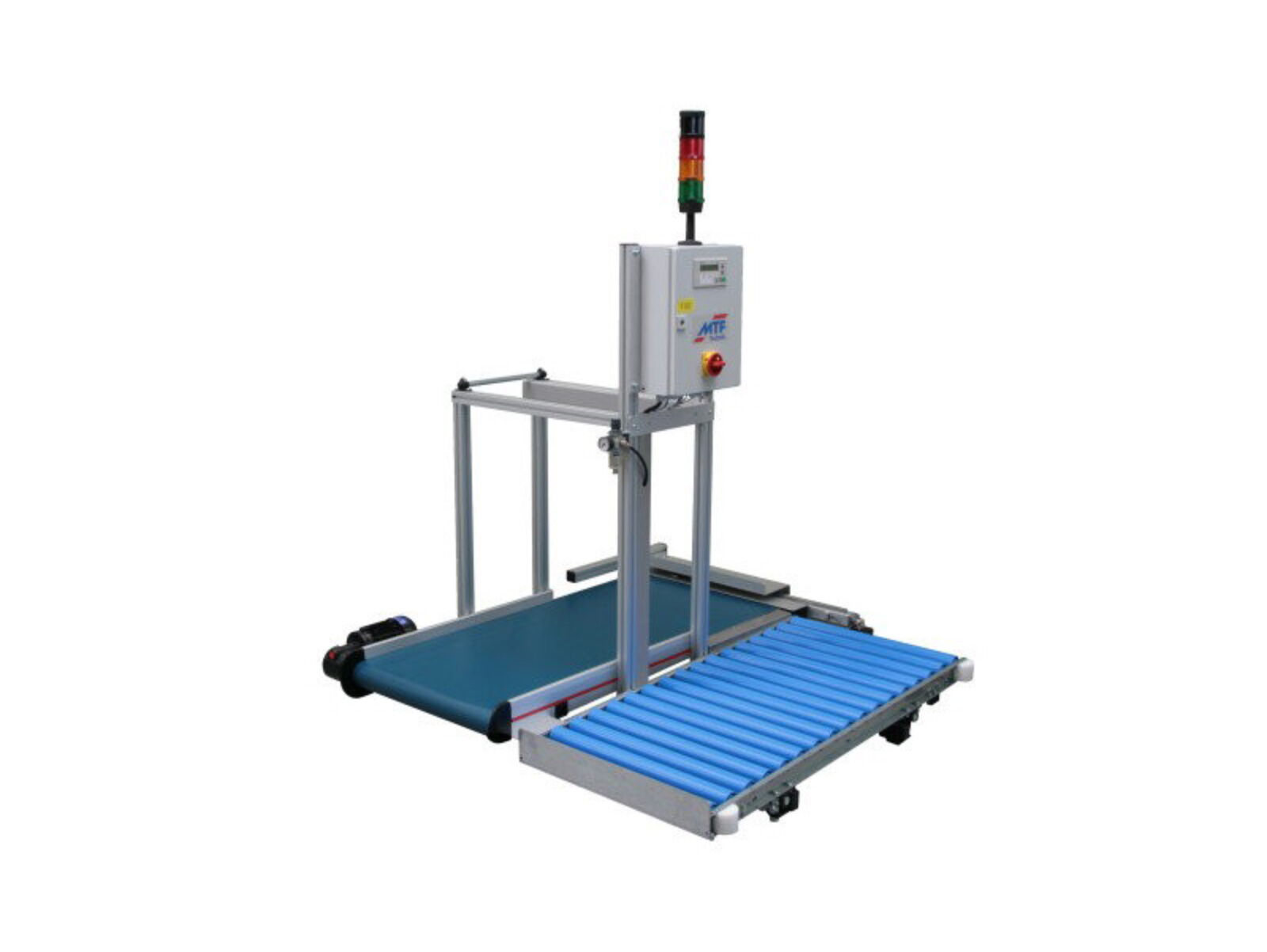 GL-LD special belt conveyor with cross transfer device, roller conveyor, and smooth, petrol-colored belt