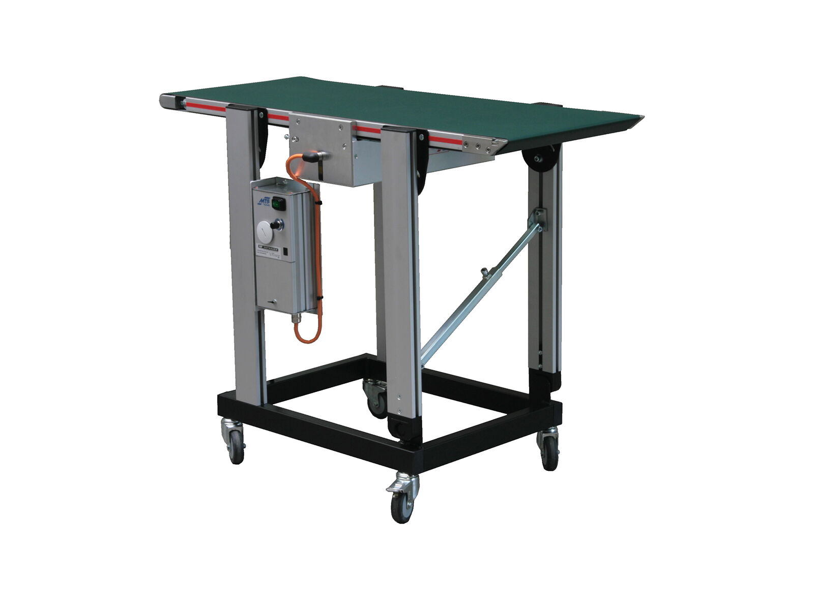 IL-LD 230 small conveyor with drum motor as center drive, knife edge, without side guides, green smooth belt, and mobile base frame