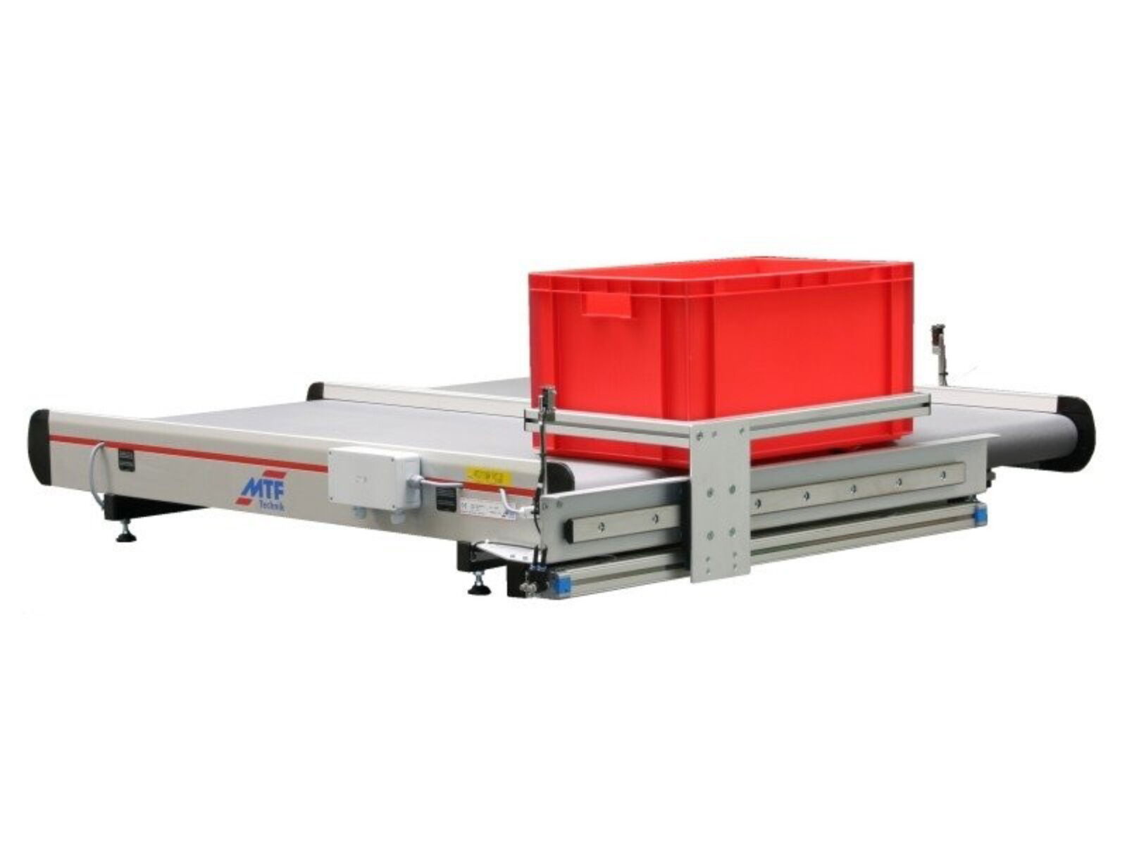 GL special parallel conveyor with one-sided displacement mechanism, extra low height, gray, smooth belt and a red box