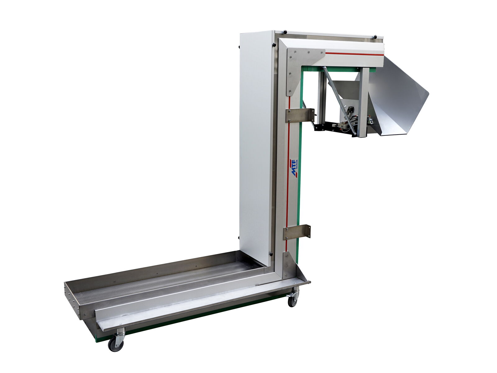 ZMF Sonder 90° magnetic conveyor belt with discharge chute and mobile base frame