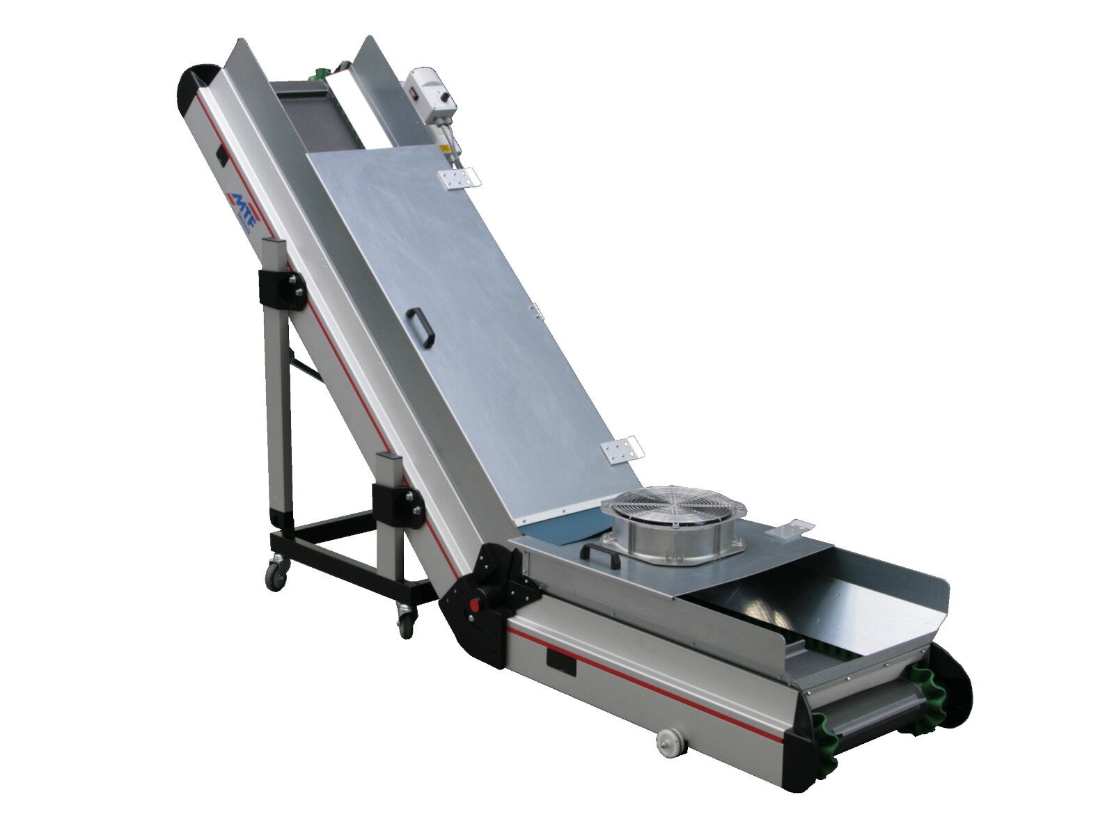 NL-LD 120 angle conveyor with fan, grey cleated belt with green corrugated edges and mobile base frame