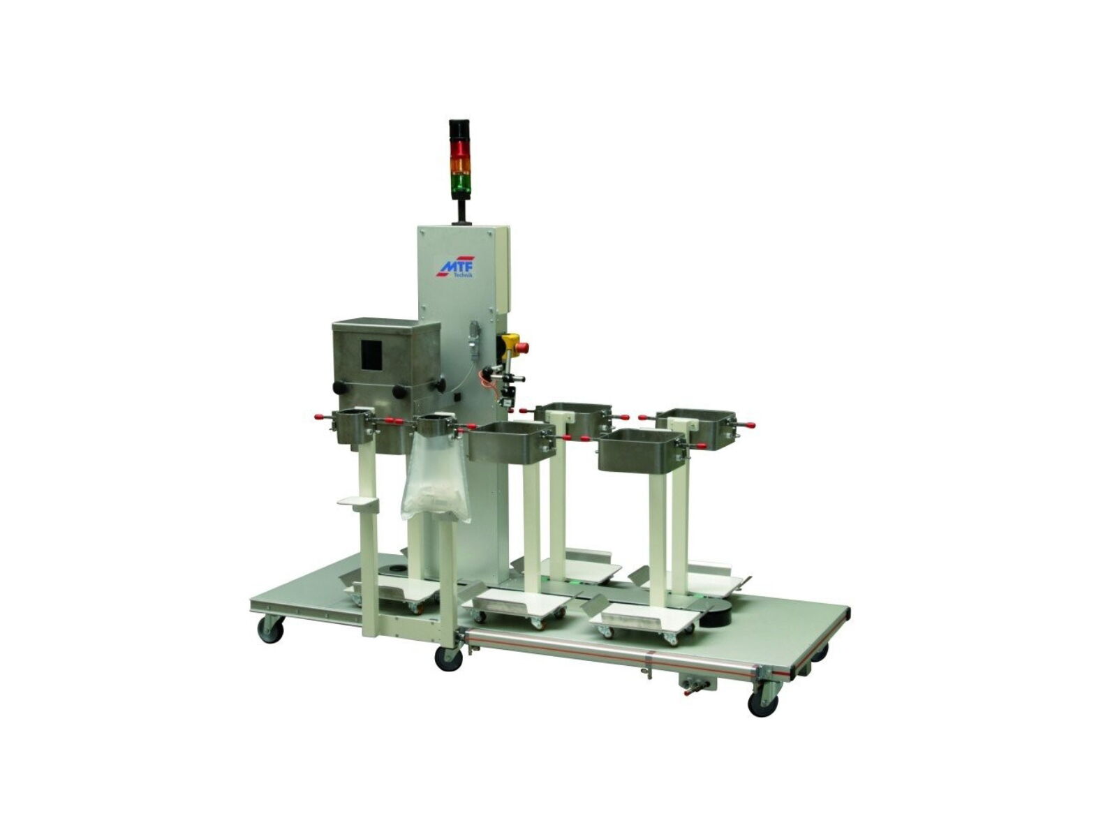 Multi-Linea Linearpuffer mit 6-fach Beutelaufnahmen zur Entnahme und Pufferung von pharmazeutischen Kunststoffteilen