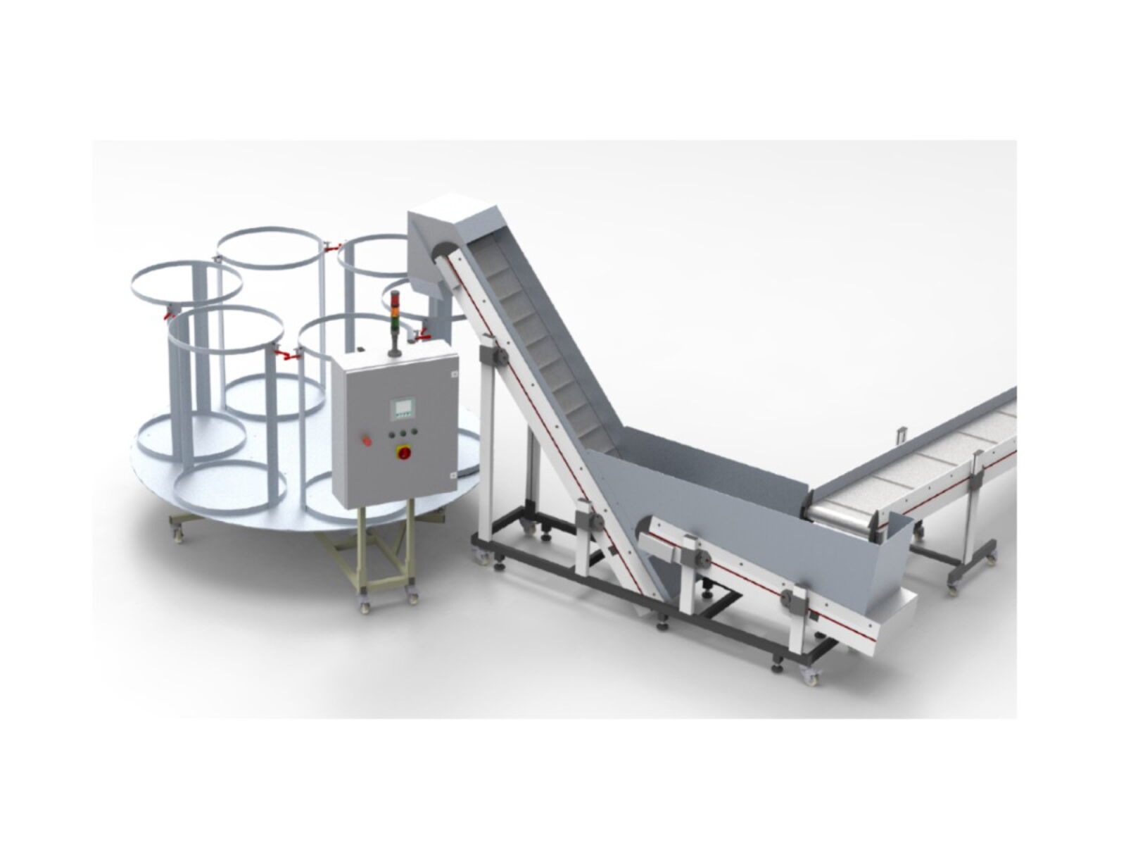 Gekapselte Förderbandkombination als Zwischenbunker, bestehend aus zwei geraden Förderbändern und einer Aufnahmeanlage mit Waage