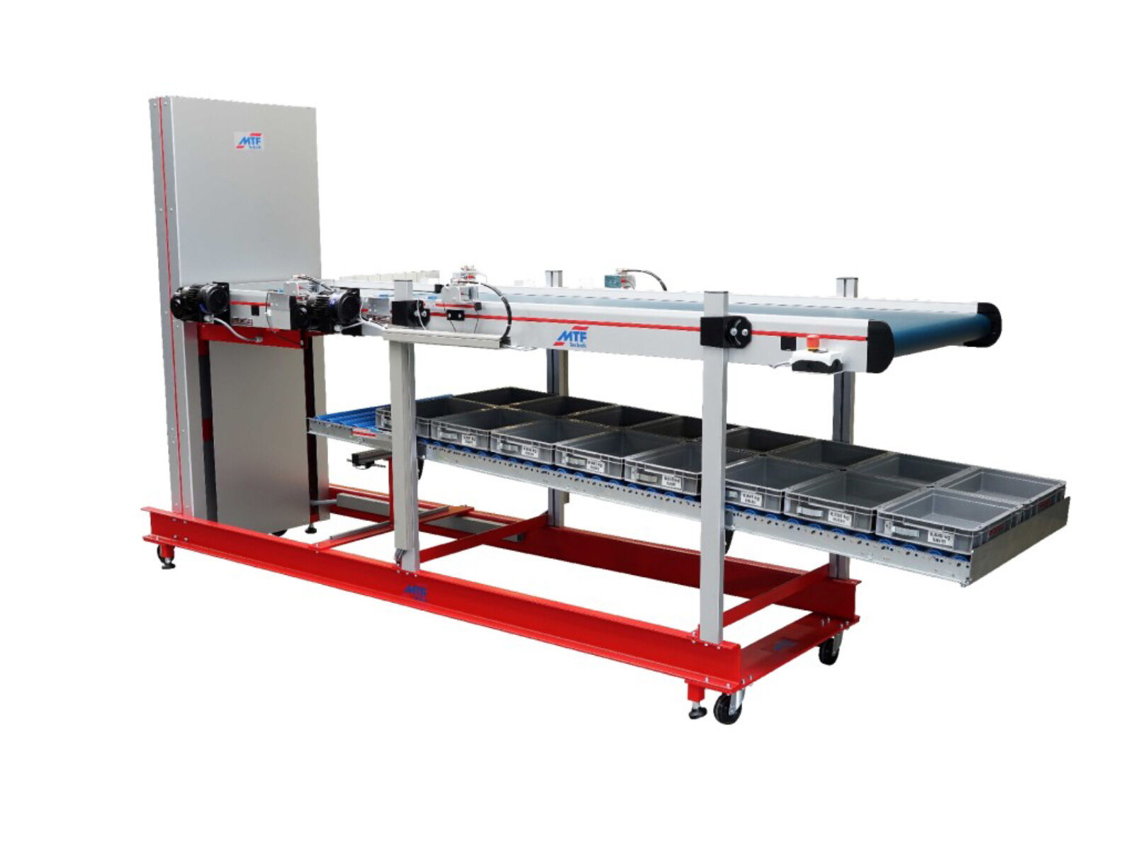 Multi-level conveyor system consisting of belt conveyor and roller conveyor with lift system and a pneumatic centering and separating cylinder for filling boxes with mobile base frame
