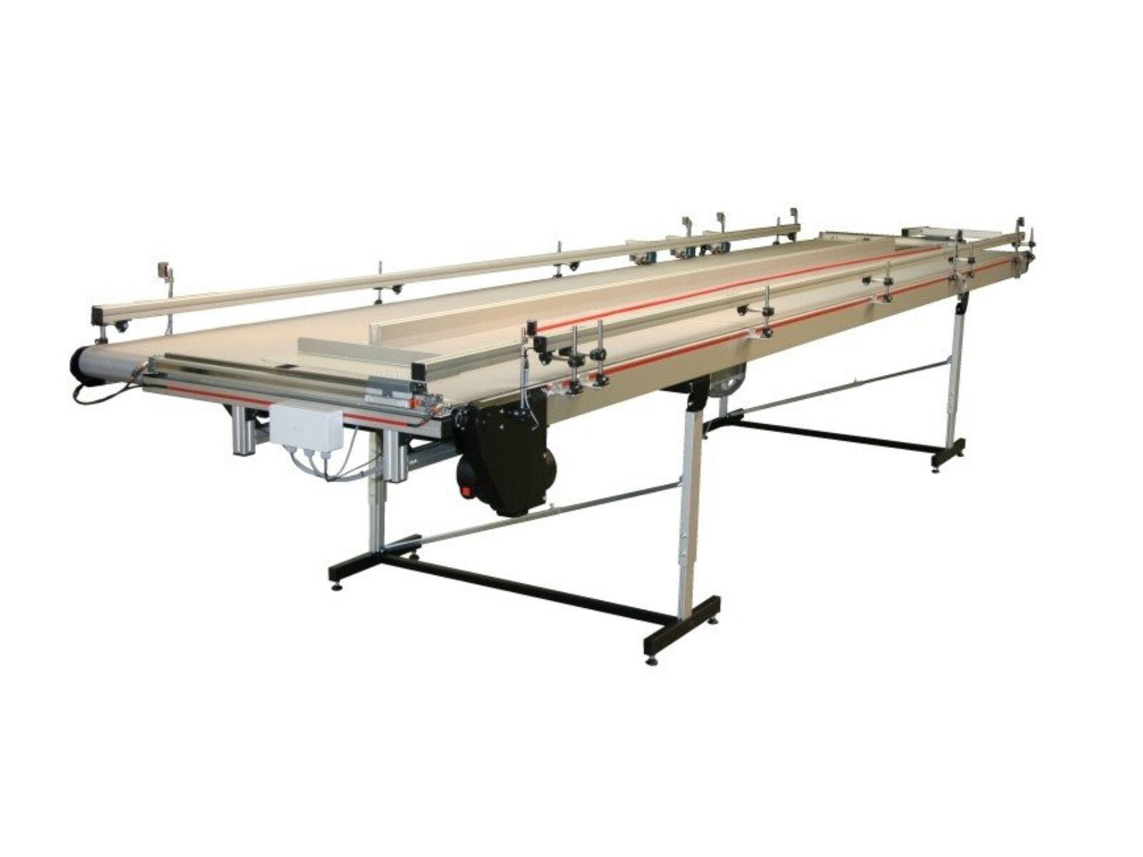 Parallel buffer with two GL-HM 010 belt conveyors with double-sided cross-shift mechanism and gray, smooth belt