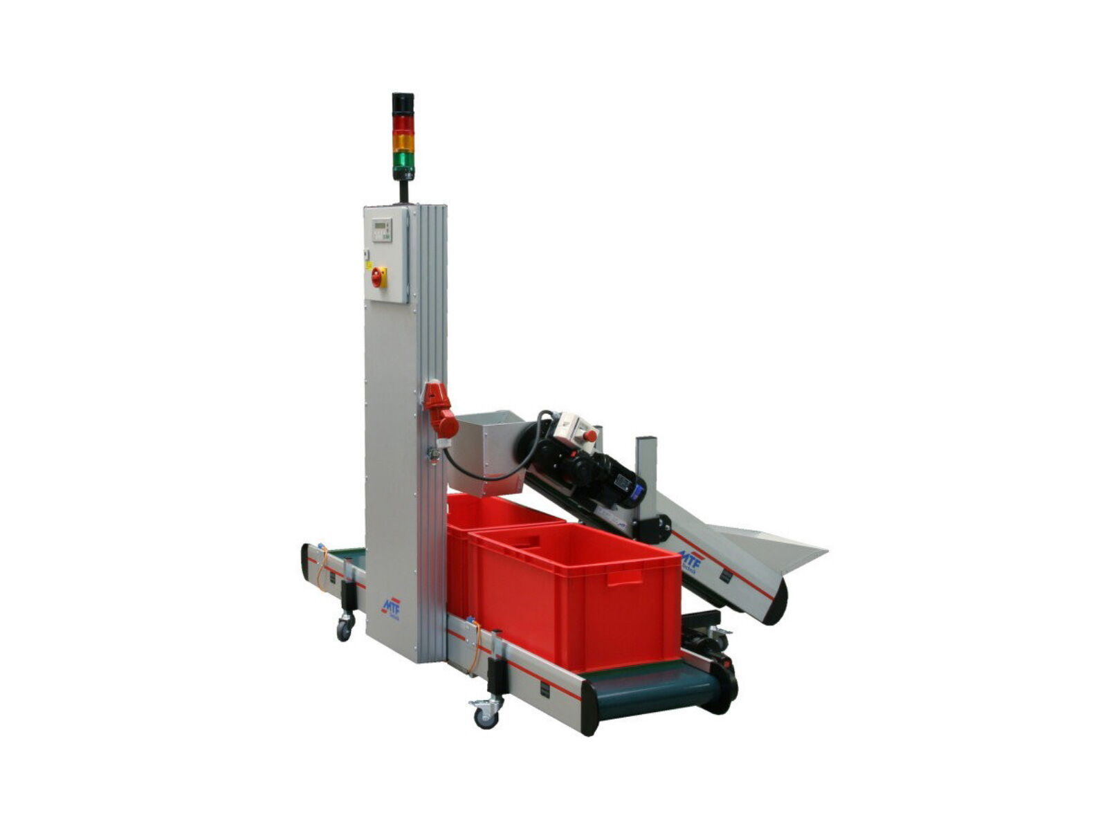 Combination of a GL-HE 020 feed conveyor belt and a GL-EM 010 buffer conveyor belt with control column for automatic filling of 2 containers