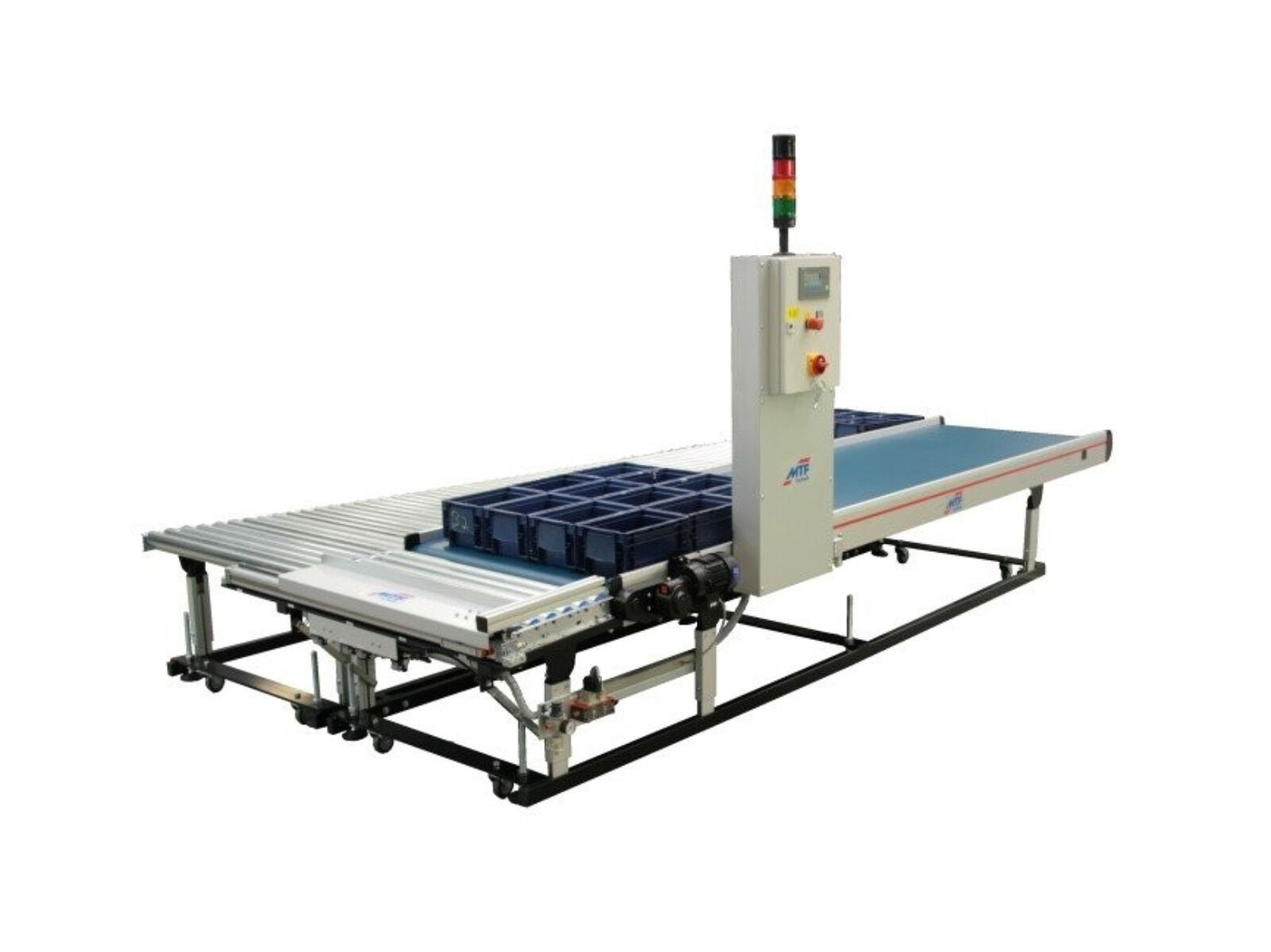 GL-LD special belt conveyor with cross-shift buffer for various container sizes and roller conveyor with galvanized steel rollers and petrol-colored, smooth belt