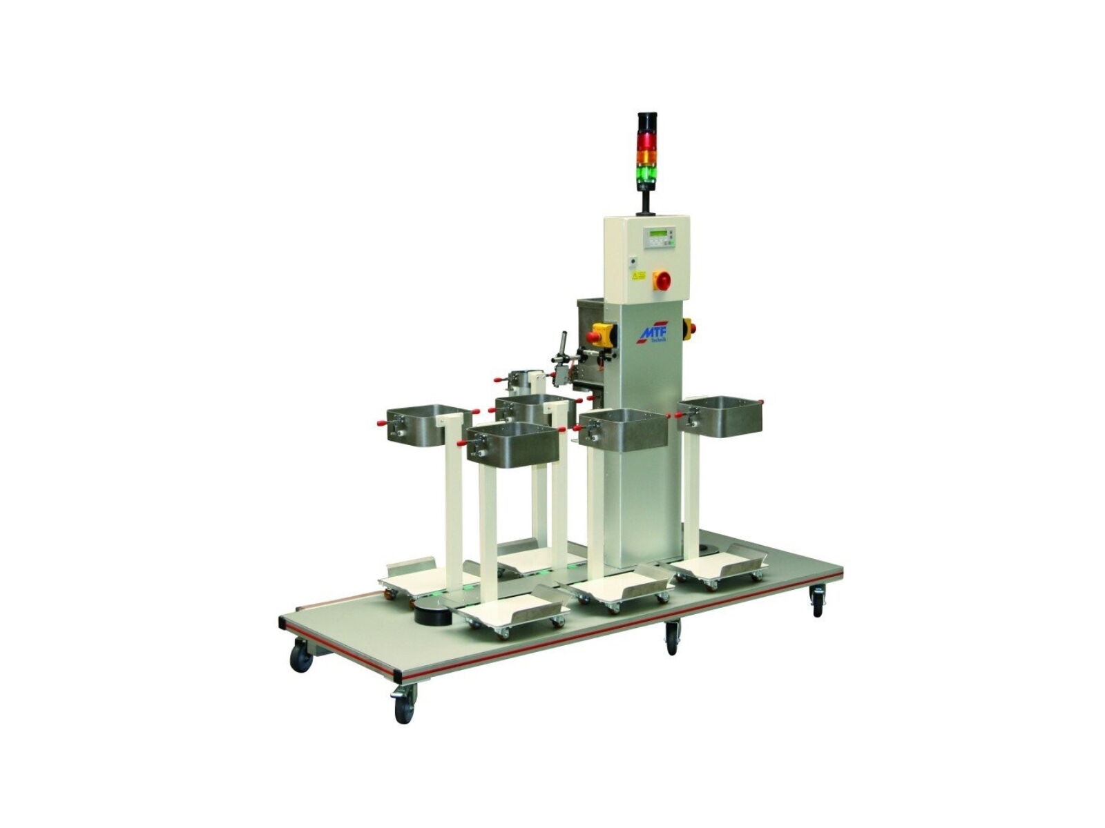 Multi-Linea Linearpuffer mit 6-fach Beutelaufnahmen zur Entnahme und Pufferung von pharmazeutischen Kunststoffteilen