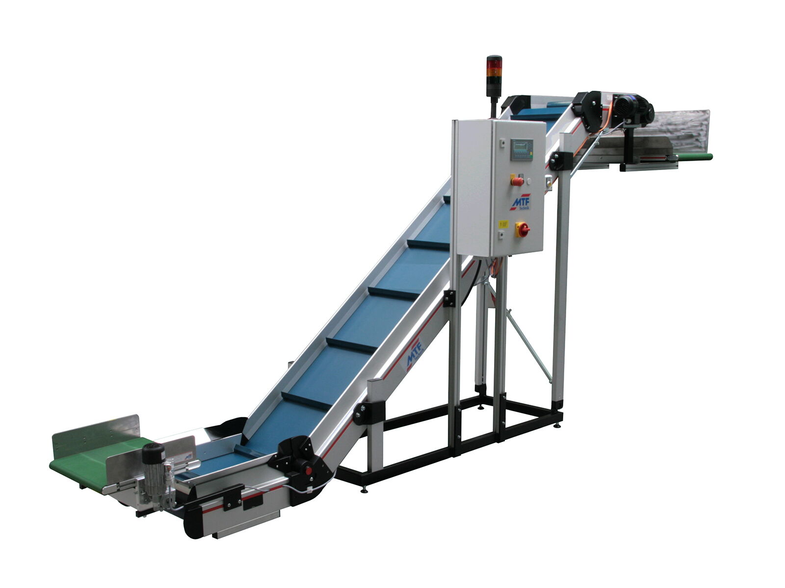 Conveyor belt combination consisting of two small IL conveyors with green, smooth belts and one angle conveyor