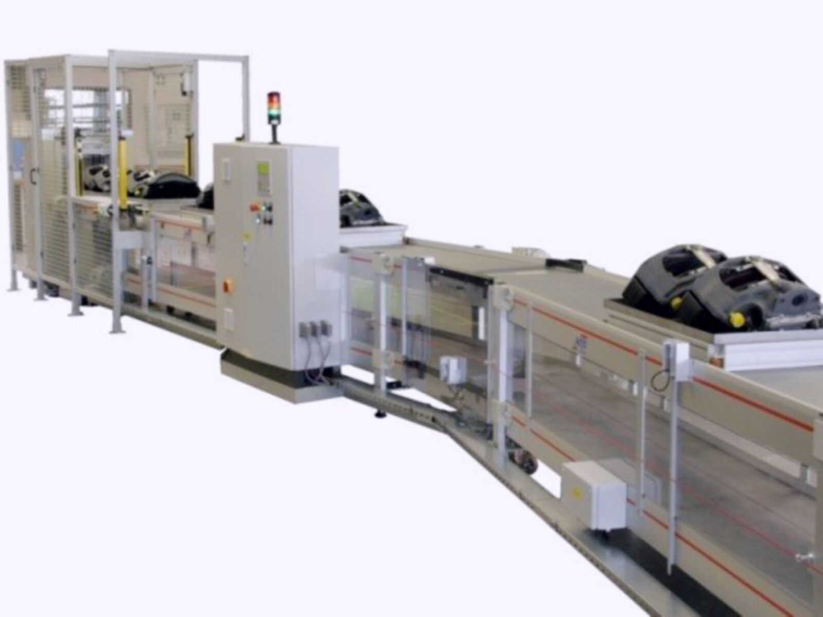 Robust curved conveyor belt with heavy-duty lifting stations for conveying and buffering of heavy parts on workpiece carriers
