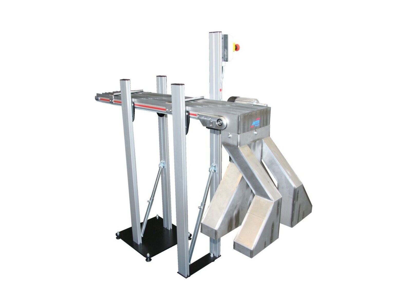 Small conveyor with track separation and 8 outlet chutes for conveying injection moulded parts from the mould into 8 different containers