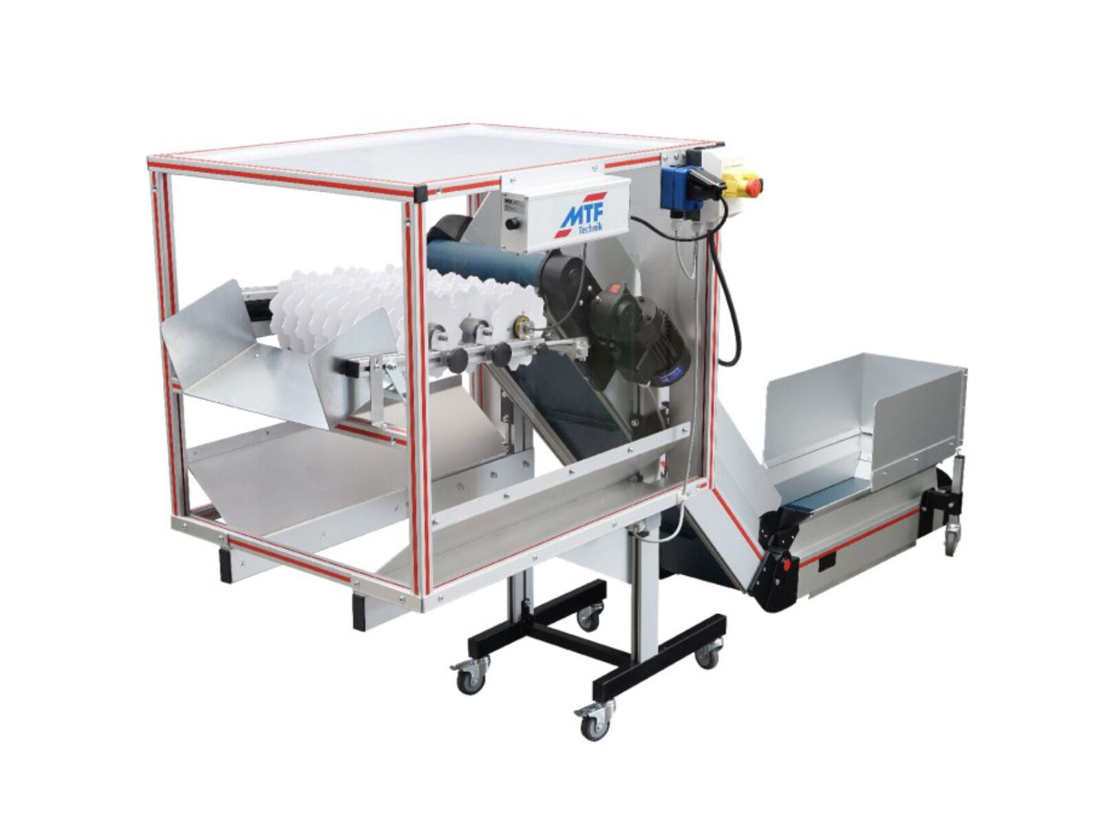 NL-HE 020 angle conveyor with blue cleated belt, mobile base frame, and SSA 400 roller separator with 3 rollers