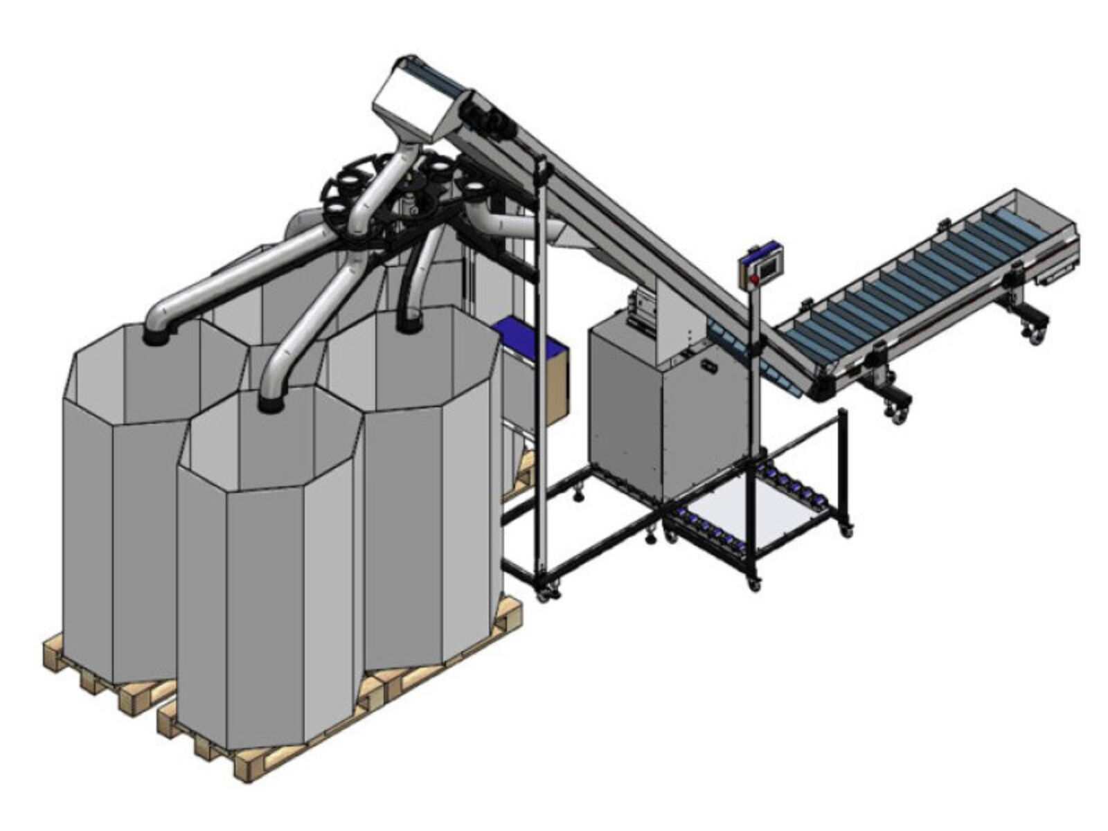 Angled conveyor belt with connected pipe rotary distributor for the transport of plastic caps in octabins