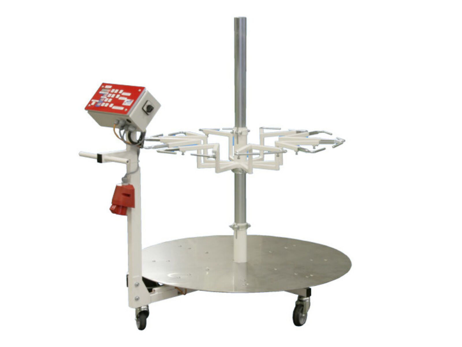 Pick-up system with turntable featuring a height-adjustable upper section and 8 bag pick-ups, in a cleanroom version