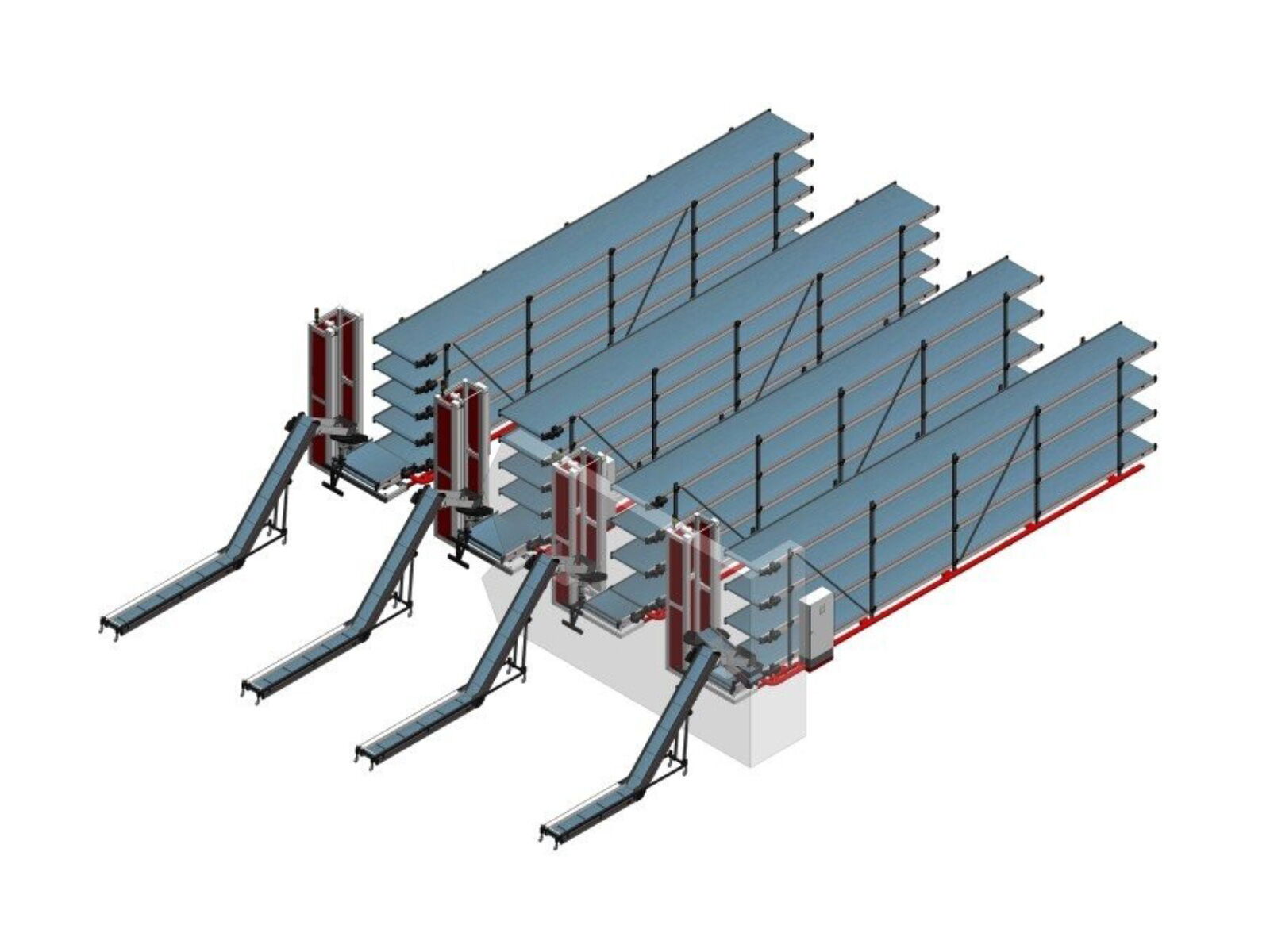 Quadruple, parallel multi-level conveyor belt system, each with 4 levels, a lift system, and a feed belt conveyor for disposal from four machines and buffering in crates in the storage area.