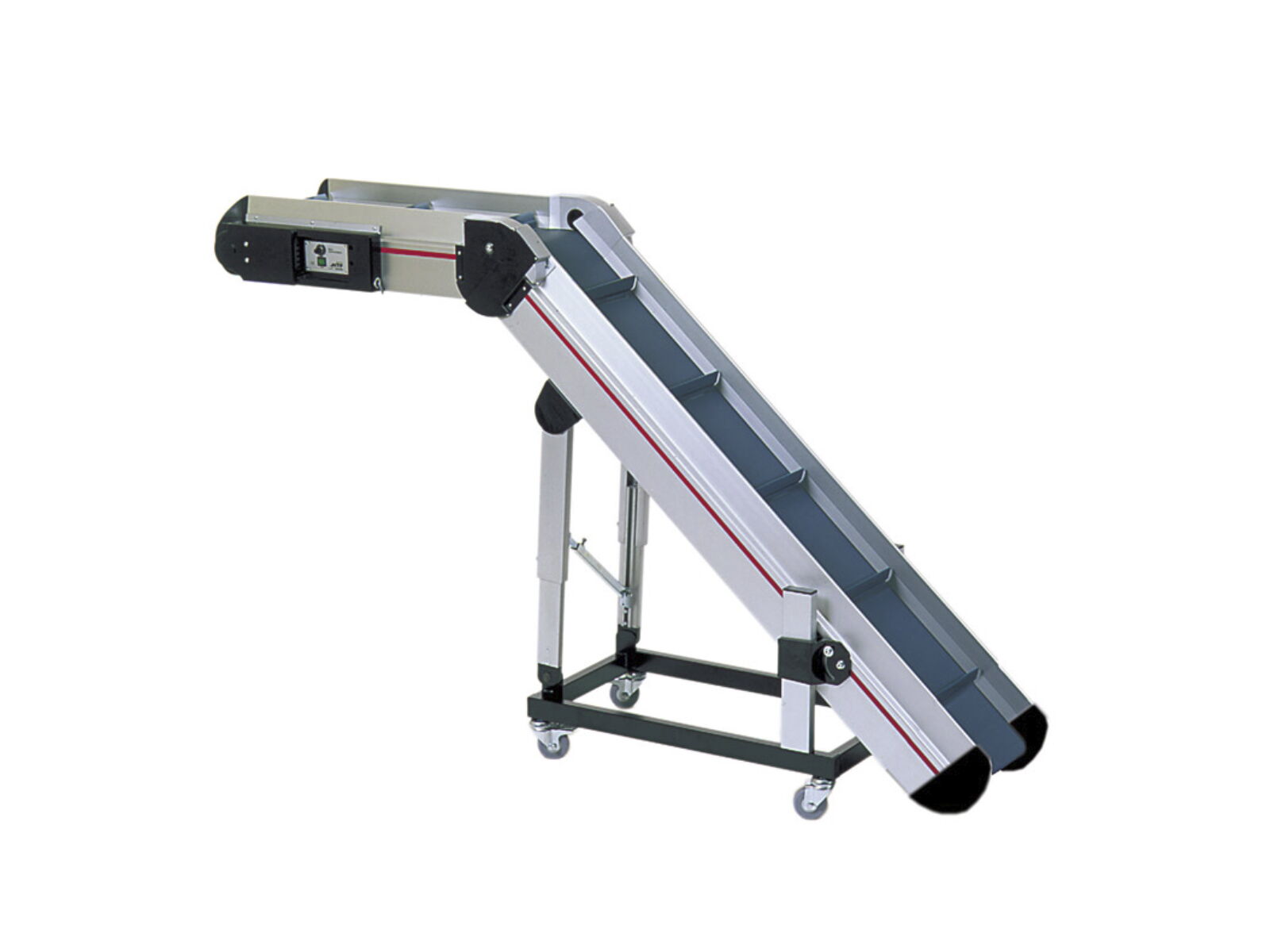 PL-LD 020 angle conveyor with blue cleated belt and mobile base frame