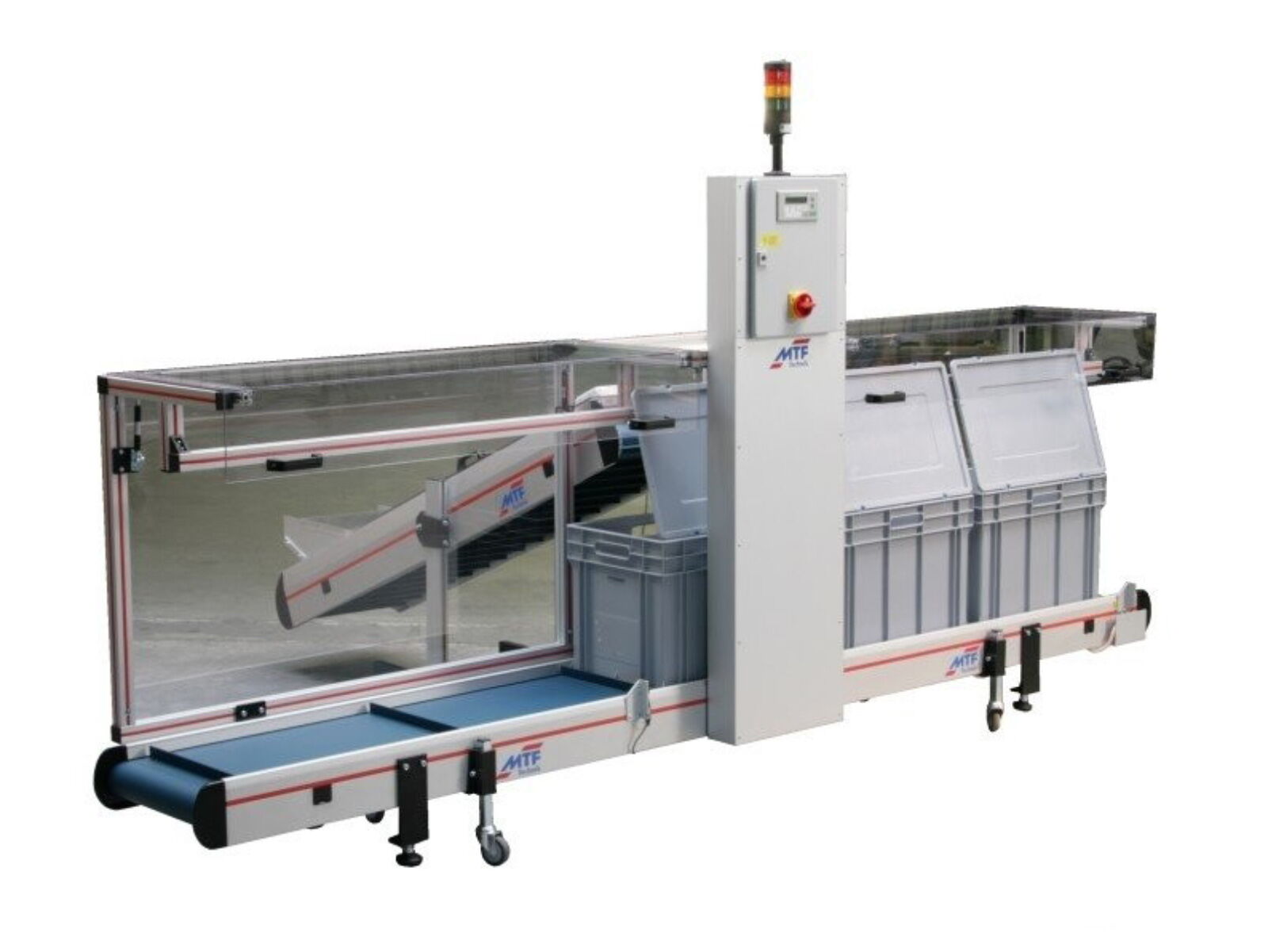Linear buffer combination for cleanroom applications, consisting of a GL-HE 020 belt conveyor and a GL-EM 010 container conveyor belt with blue cleated belt and gray boxes.