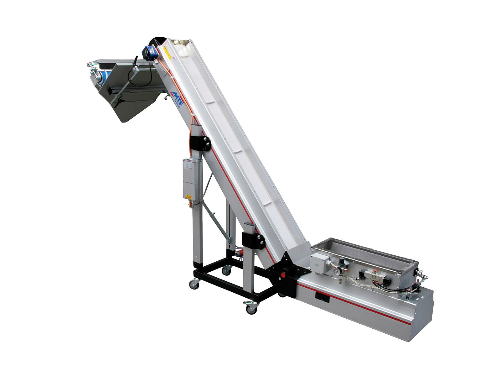 NL-LD 120 angle conveyor with cooling flap, screw separator attachment, white cleated belt, and mobile base frame