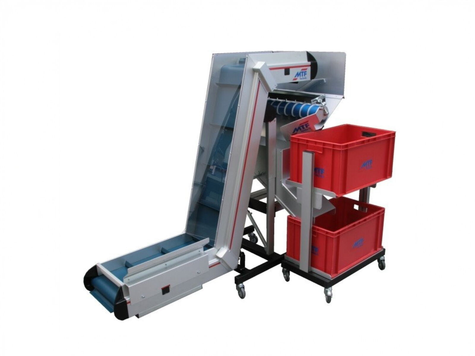 Steep belt conveyor with screw separator for a confined transport and separation of injection moulded parts