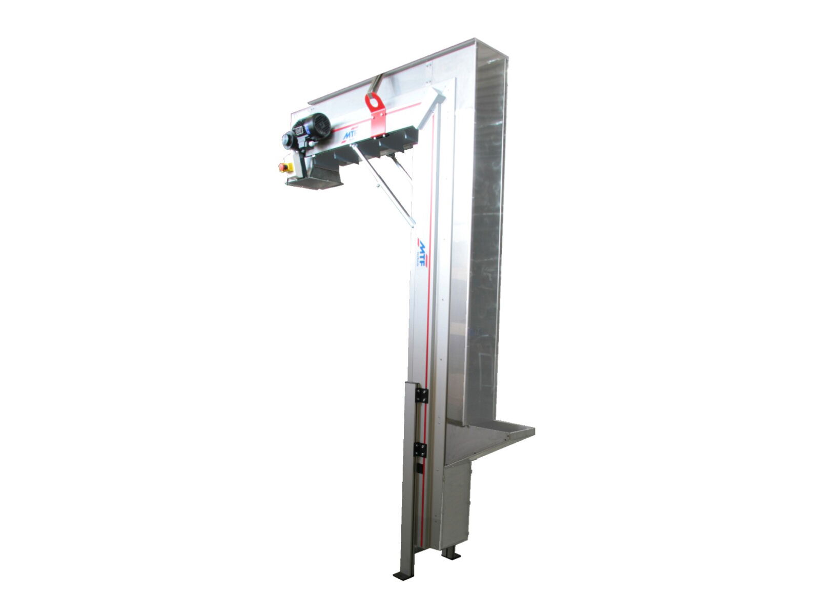 Vertical conveyor belt with cover and pipe system connection for the vertical transport of medical technology articles