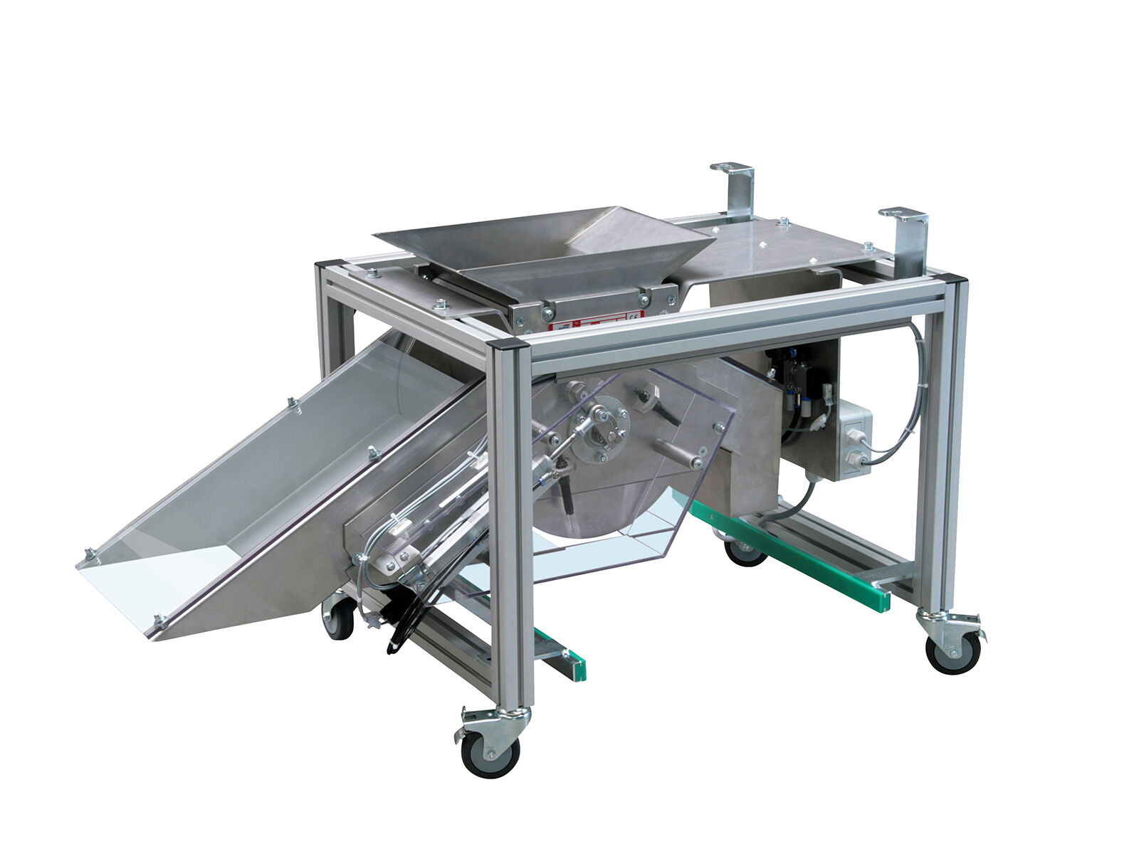 Pneumatic 3-way rotary shaft reject chute on mobile base frame