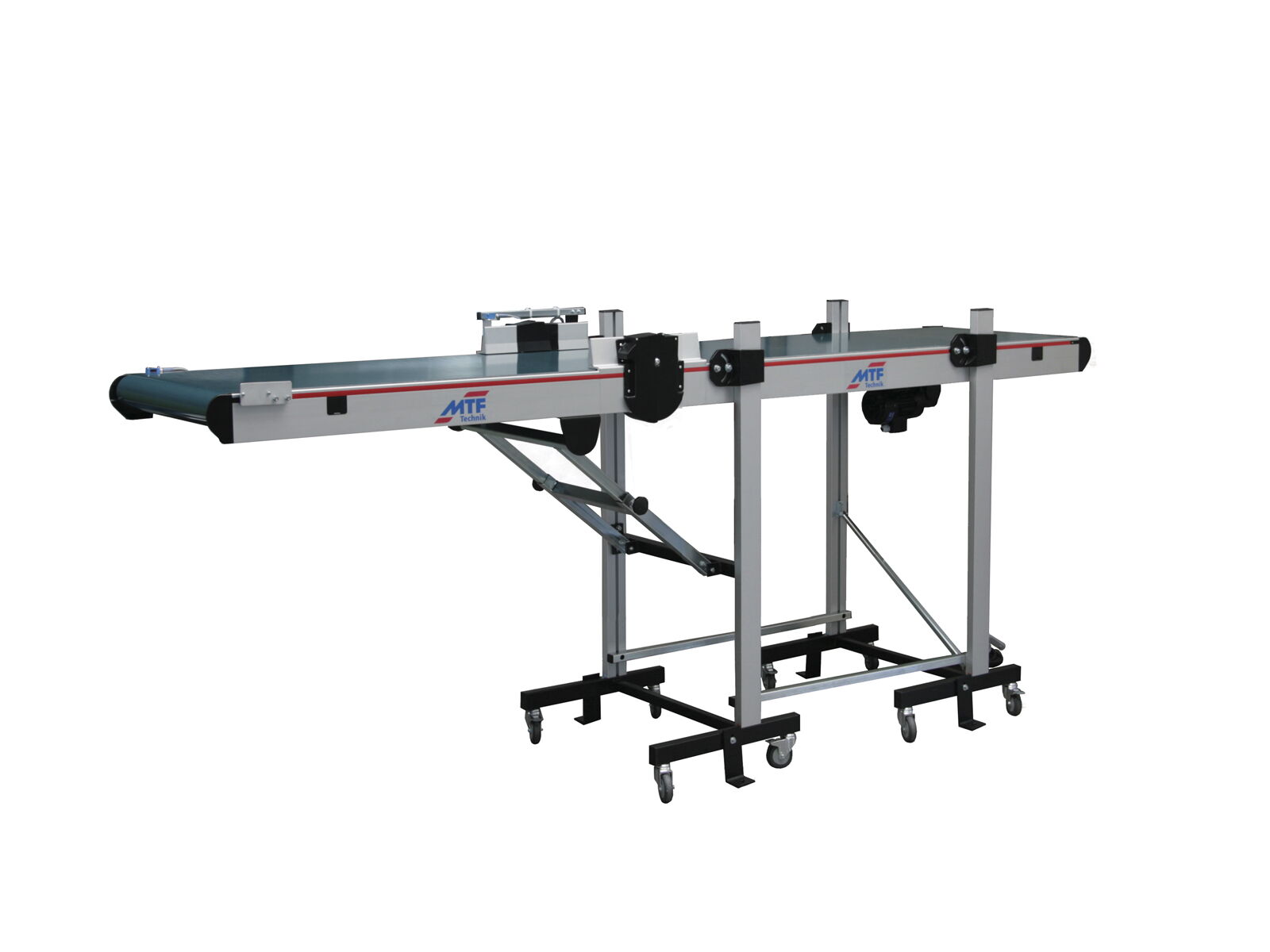 PL-HM 140 angle conveyor in horizontal position without side guides, with petrol-colored smooth belt and mobile base frame