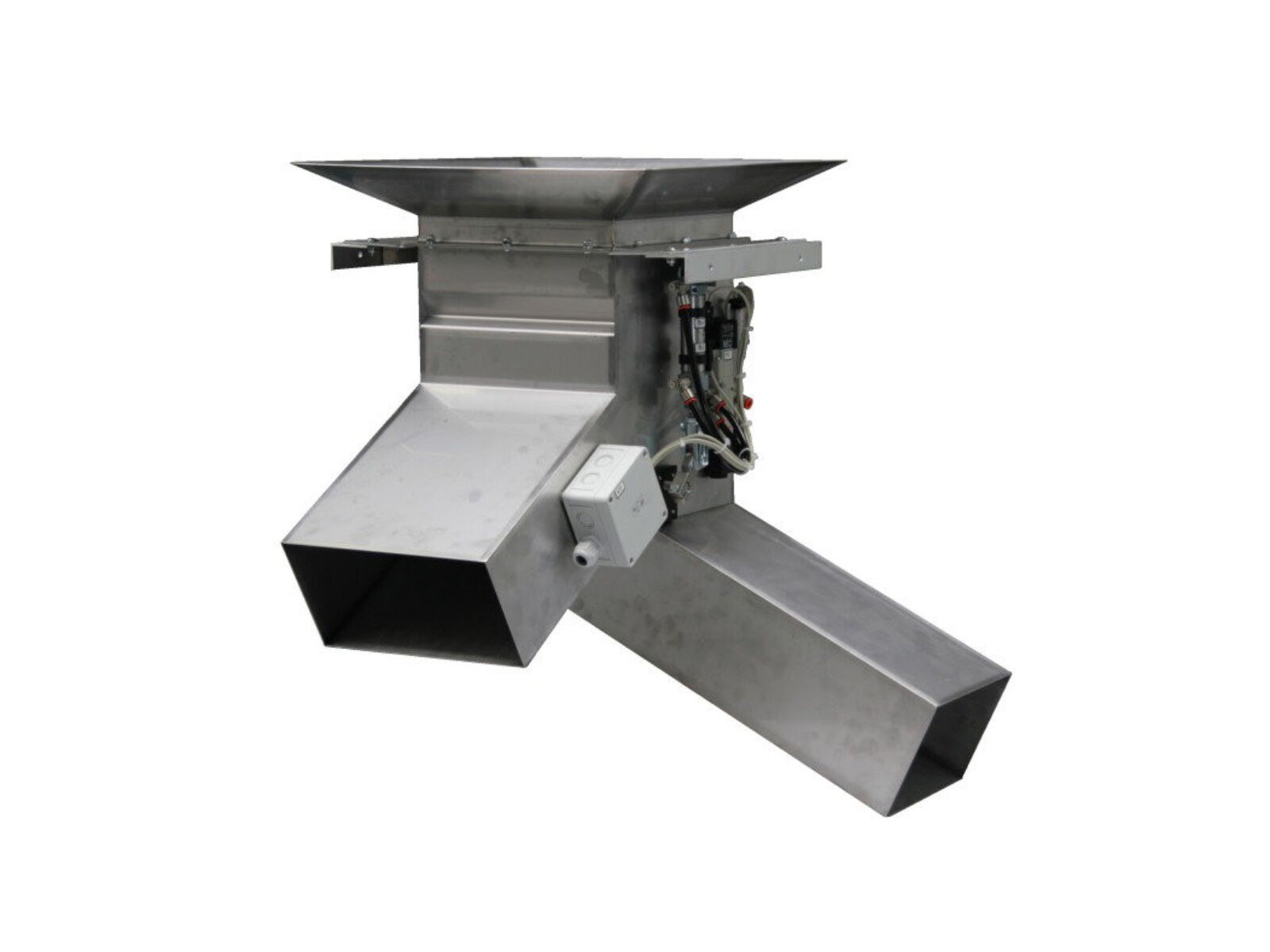 Pneumatic 2-way changeover flap reject chute for an injection molding machine