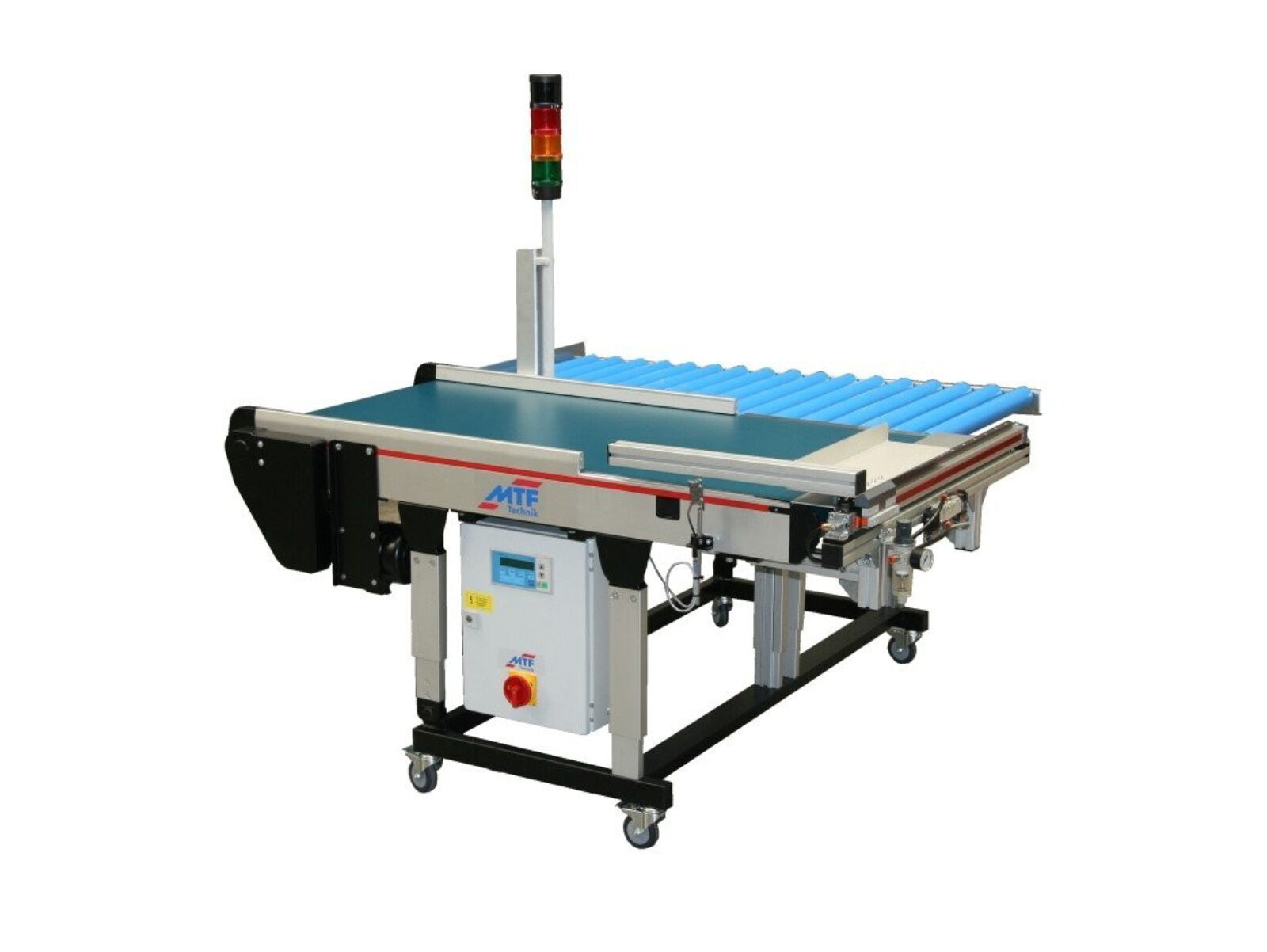 GL-LD 010 belt conveyor with cross slide device, roller conveyor, petrol-colored smooth belt, and mobile base frame