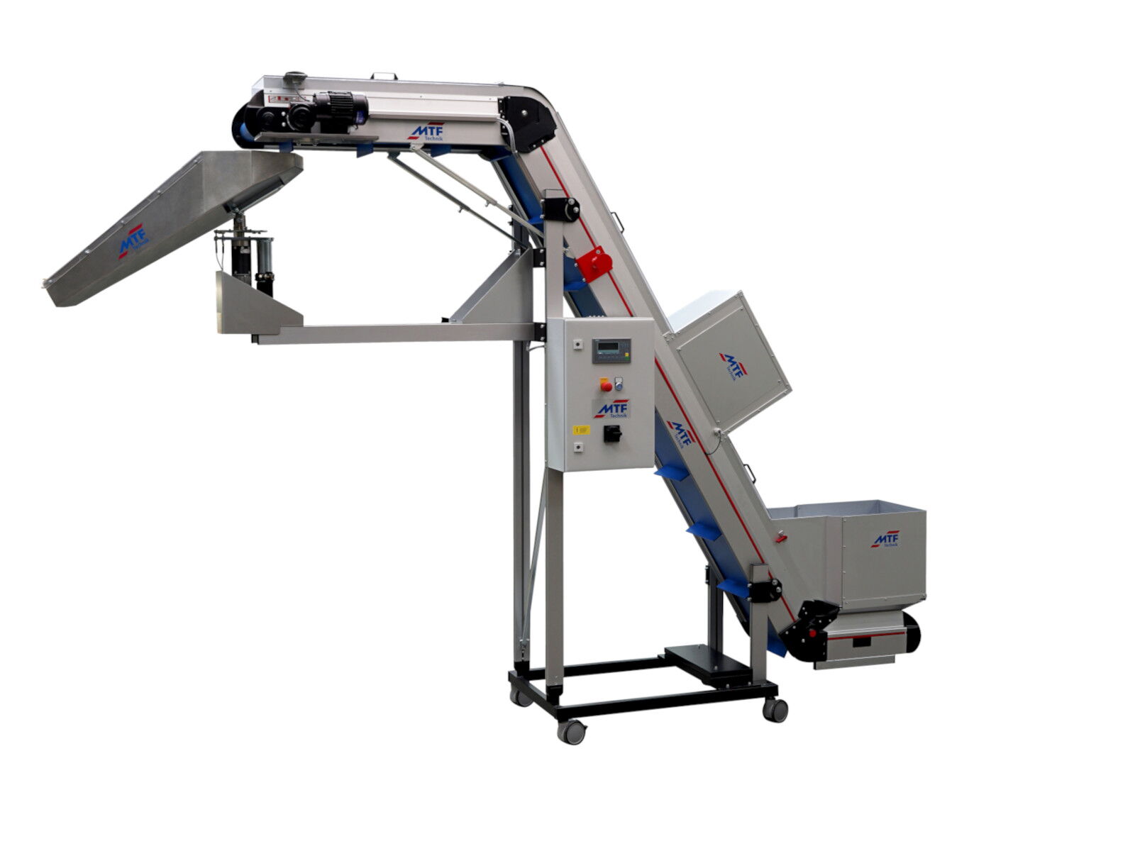 Winkelförderer ZL-LD 120 mit Multi-Rounder Drehverteiler, blauem Stollengurt und fahrbarem Untergestell