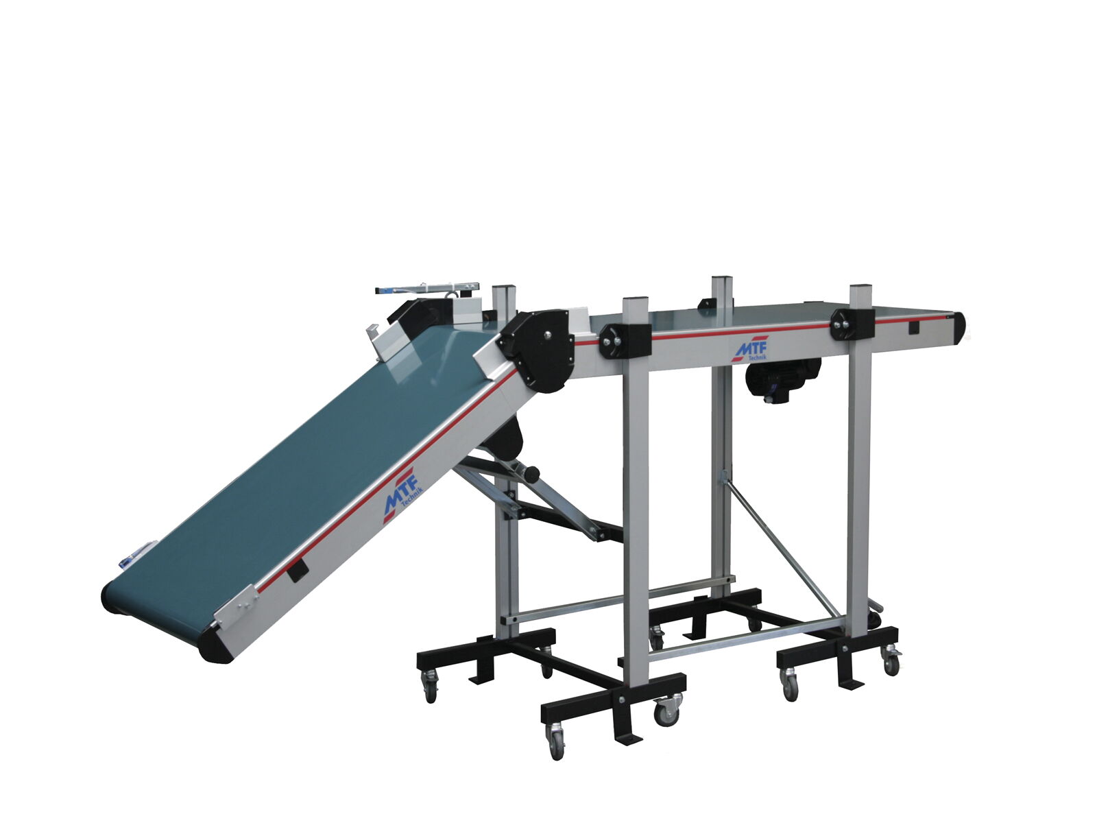 PL-HM 140 angle conveyor without side guide, with petrol-colored, smooth belt and mobile base frame