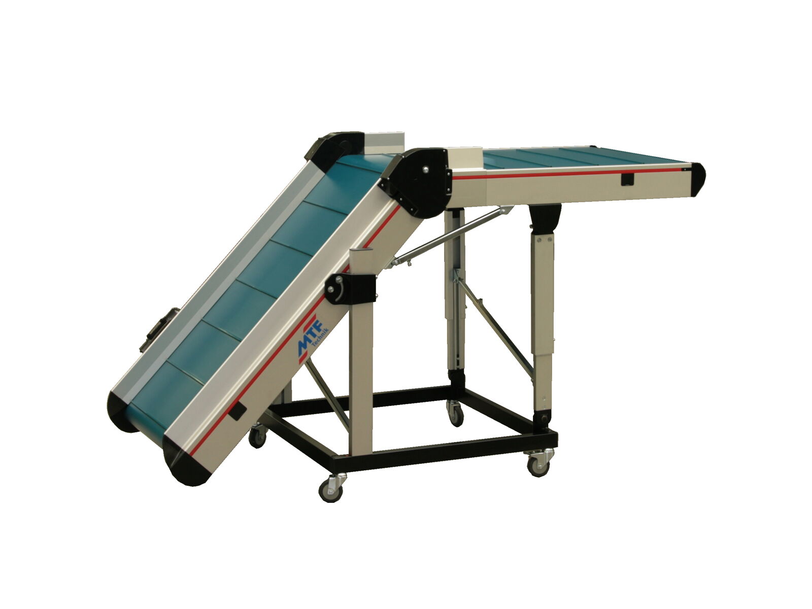 PL-LD 020 angle conveyor, partly without side guide, with petrol-colored cleated belt and mobile base frame