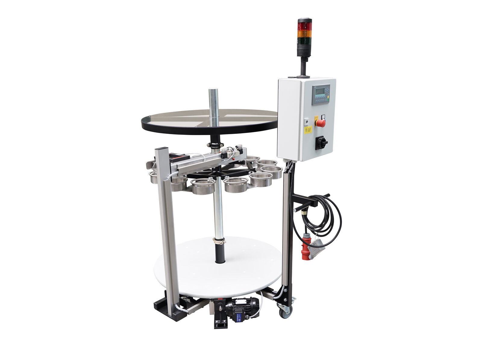 Carousel storage station with round bag holders, a frame-mounted light barrier, dust cover, and mobile base frame