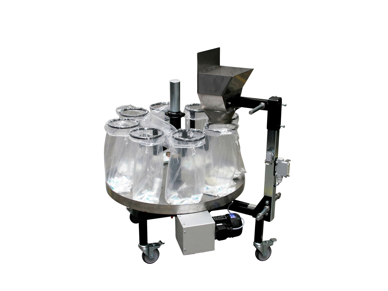 Carousel storage station with round bag holders and a filling chute for cleanrooms