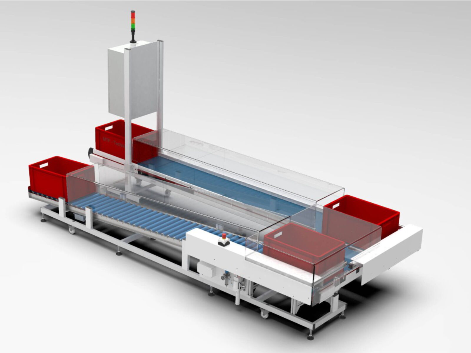 U-shaped conveyor belt system with two cross buffers and roller conveyor integrated into the machine for buffering of medical technology parts directly below an injection moulding machine