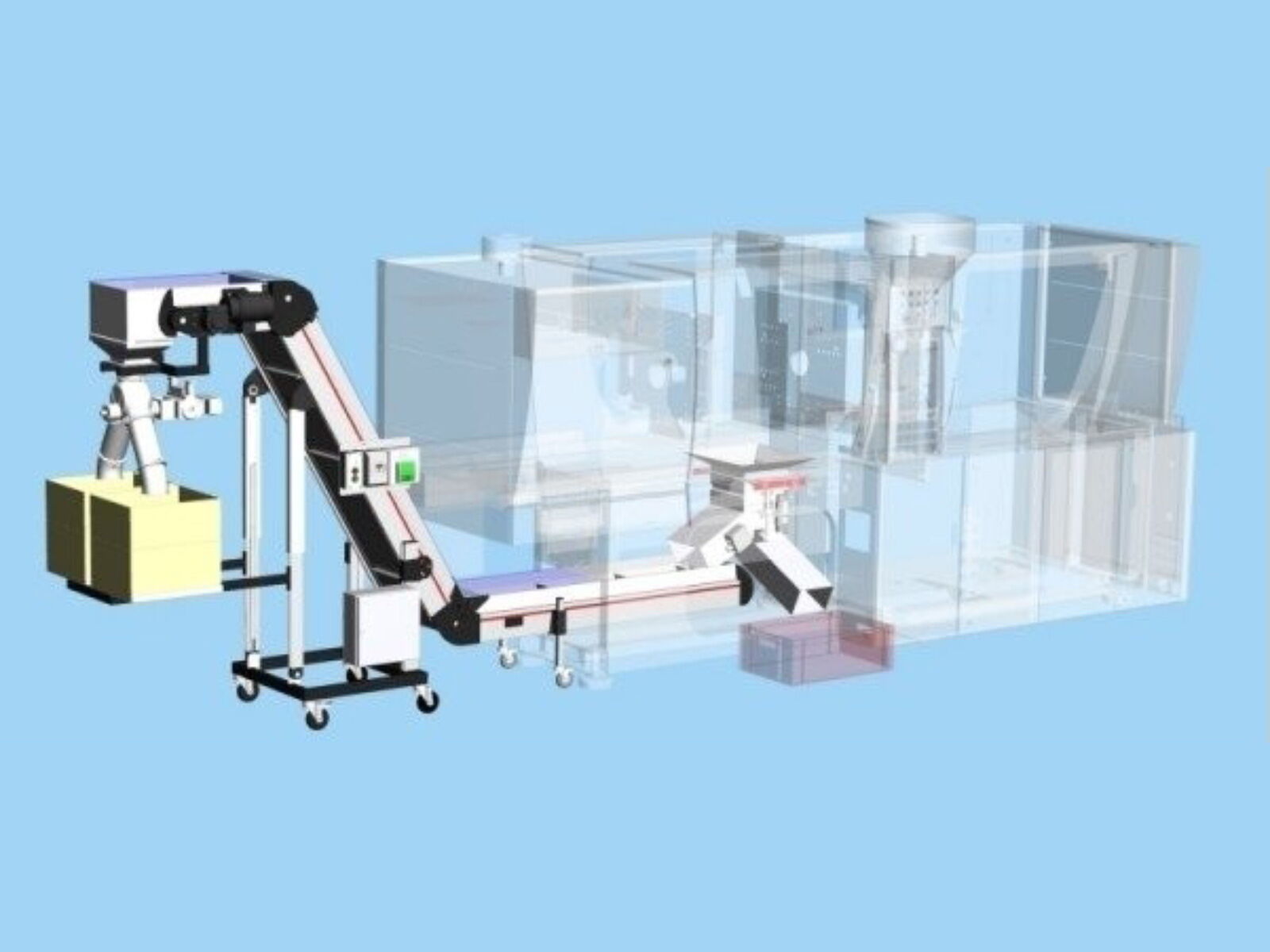 Pneumatic 2-way changeover flap reject chute in an Engel Victory 00-80 injection molding machine