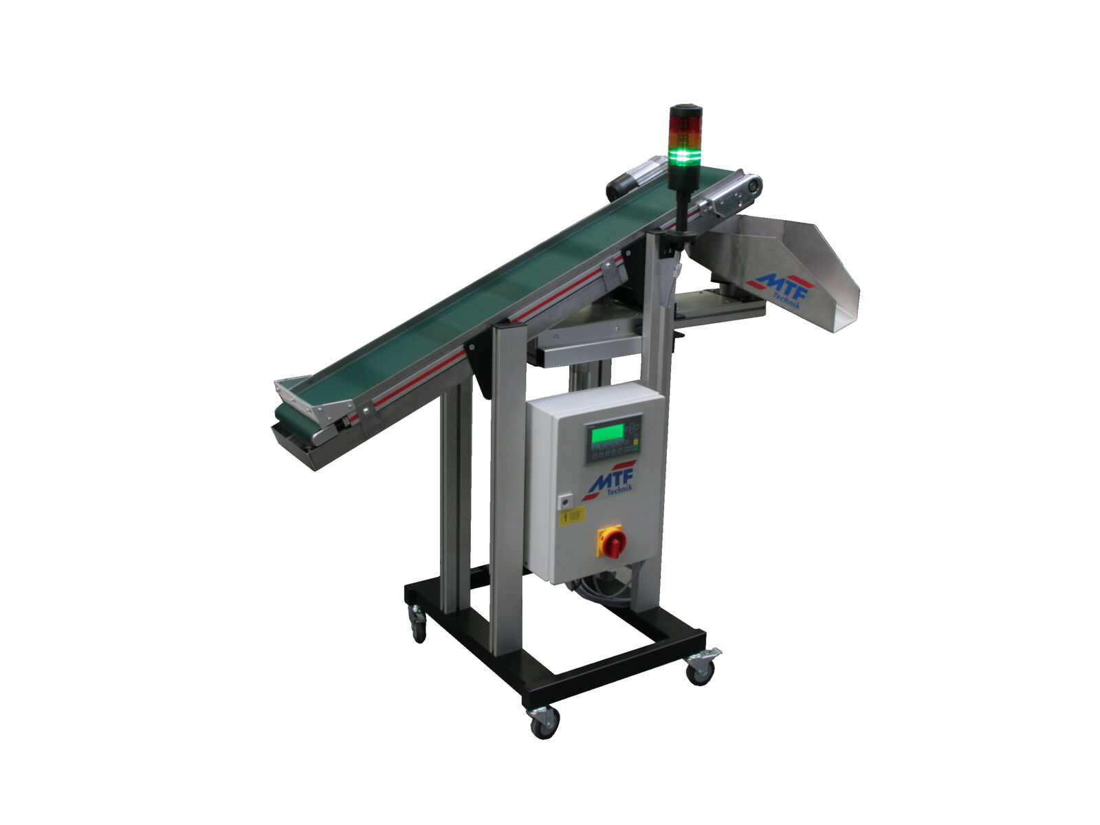 IL-LD 230 small conveyor with multi-rounder rotary distributor, green smooth belt, and mobile base frame