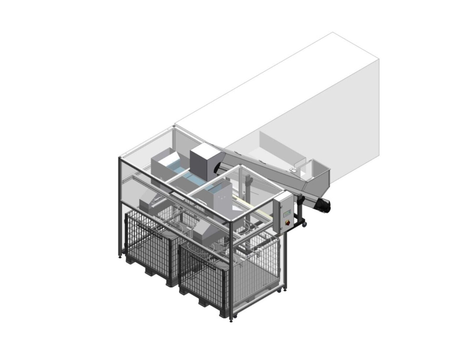 GL-LD 120 feed belt conveyor with a linearly movable small conveyor belt in combination with 3-way reject chutes on both sides for alternating filling of 12 plastic bags
