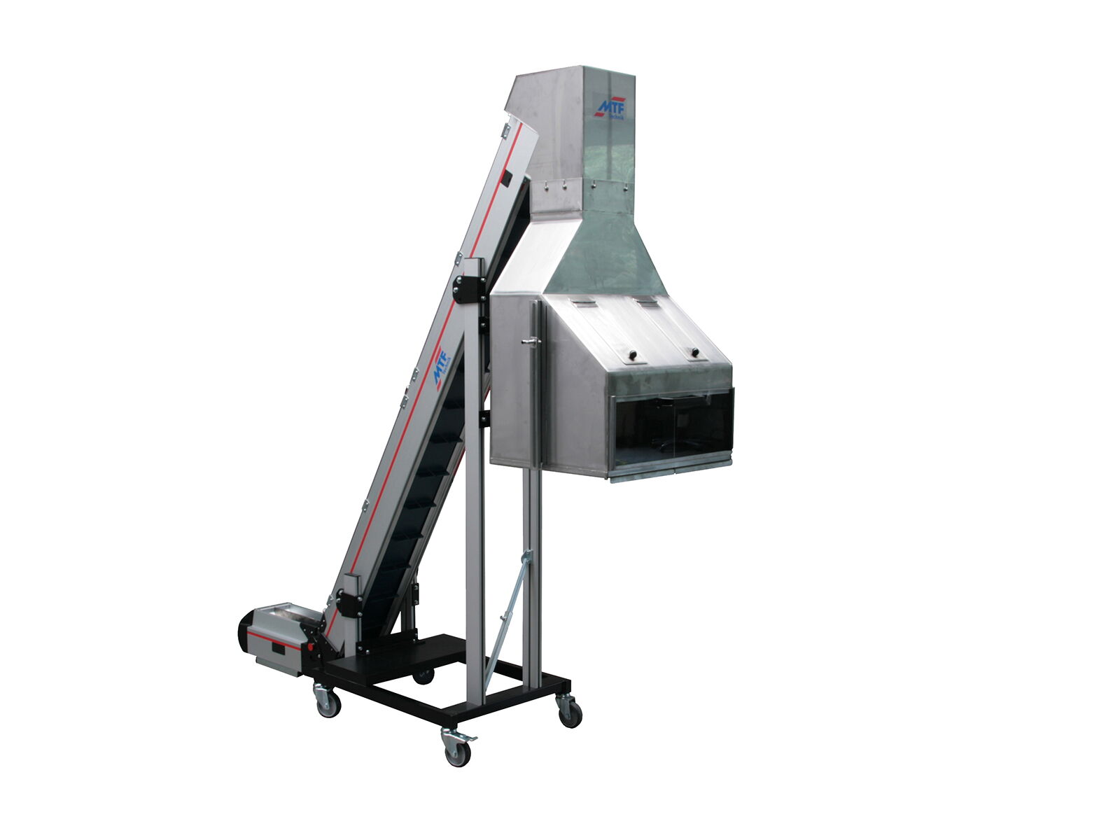 NL-LD 120 angle conveyor with 2-compartment hopper, slatted belt, and mobile base frame