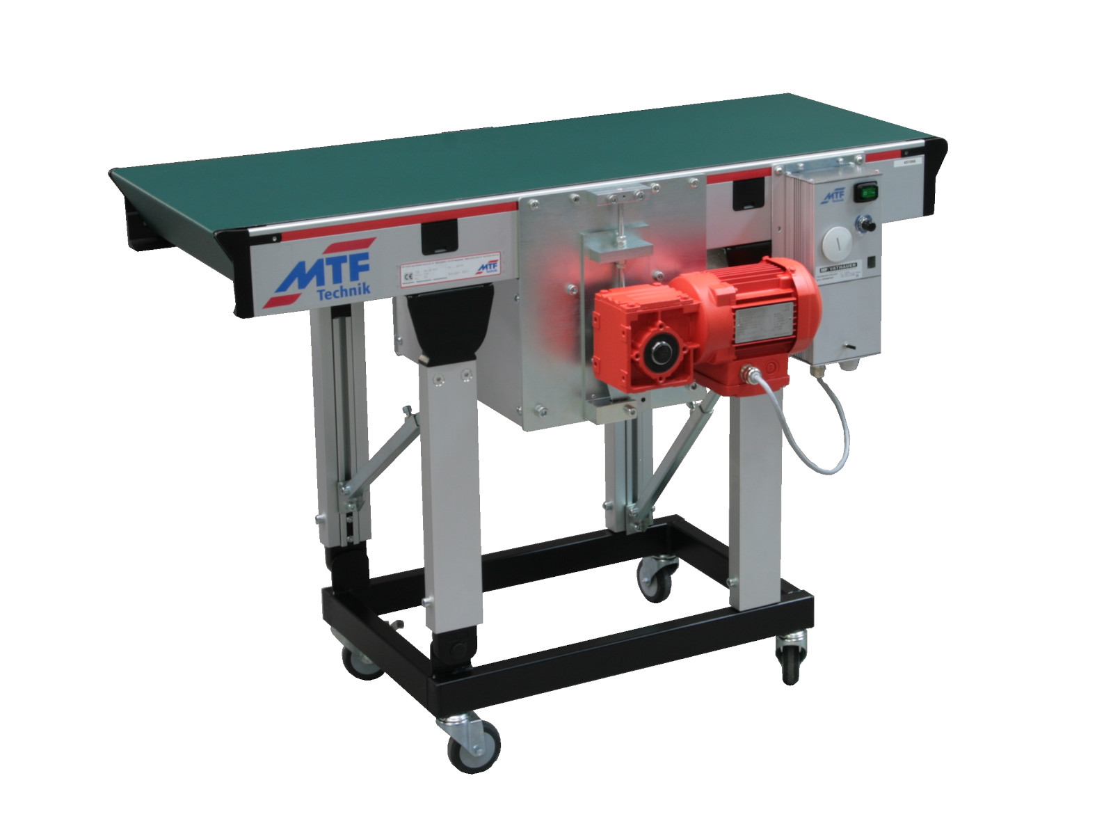 Gerader Gurtförderer GL-LD 010 mit Messerkante, Mittenantrieb, petrolfarbenem, glattem Gurt und fahrbarem Untergestell ohne Seitenführung