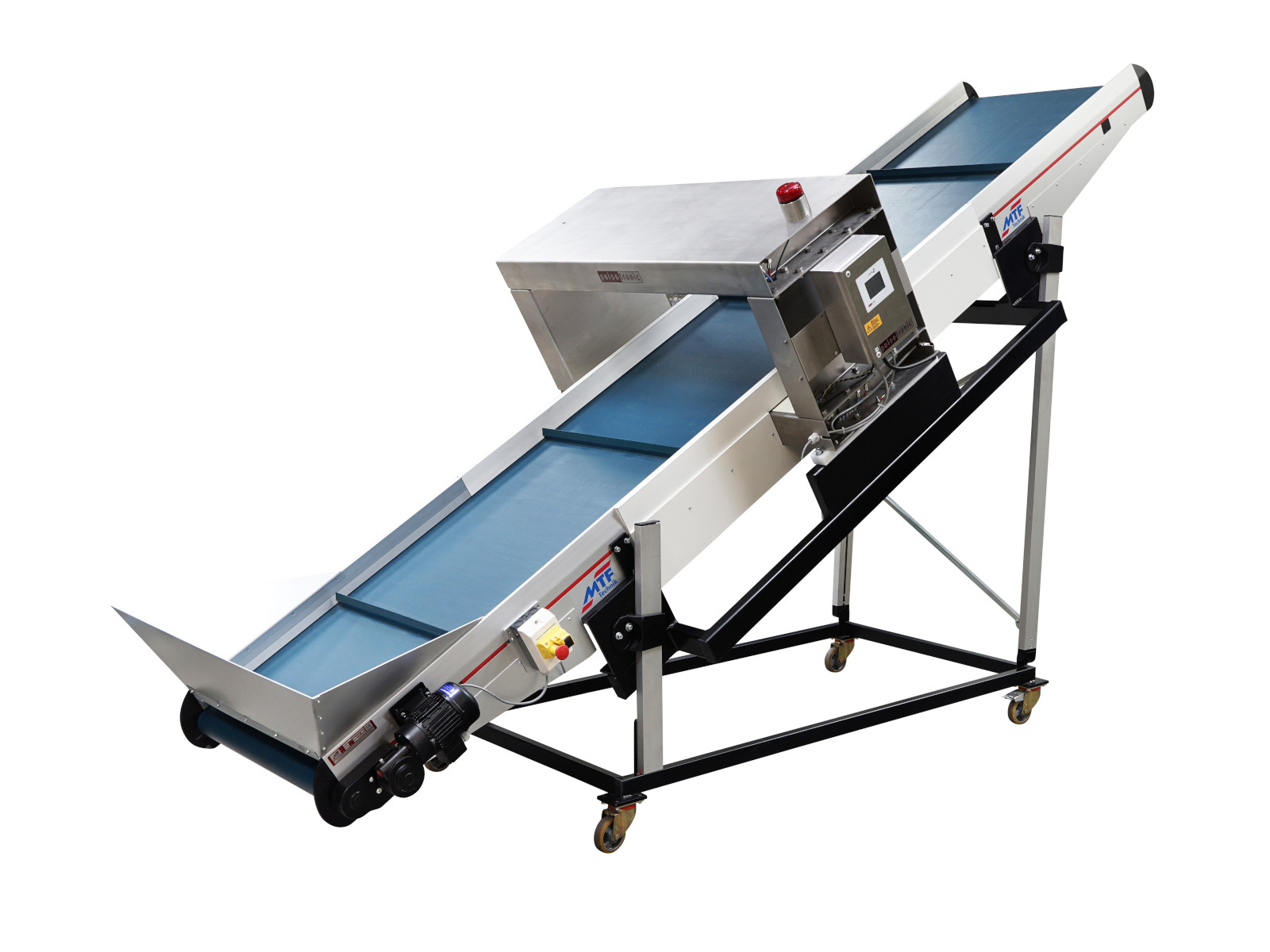 Gerader Gurtförderer GL-LD 120 mit Tunneldetektor mit blauem Stollengurt und fahrbarem Untergestell