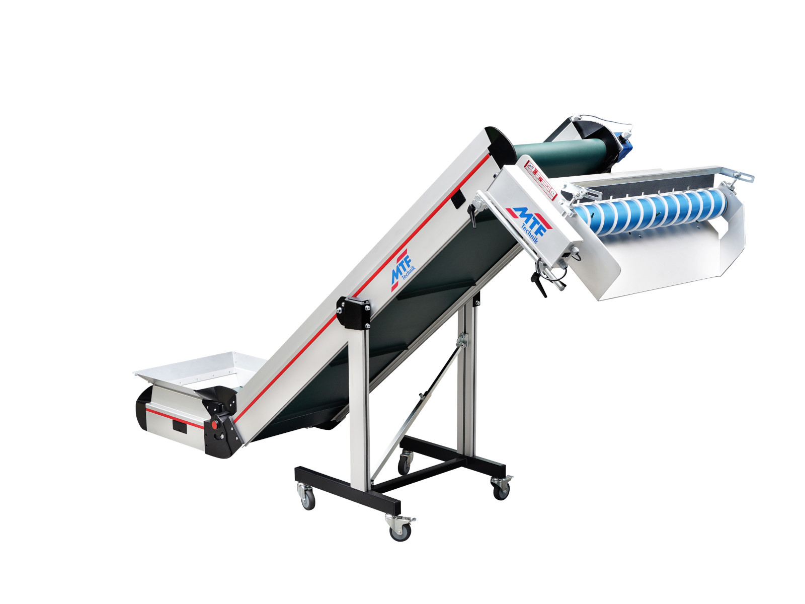 Winkelförderer NL-HE 020 mit Schneckenseperator SAL-800, grünem Stollengurt und fahrbarem Untergestell