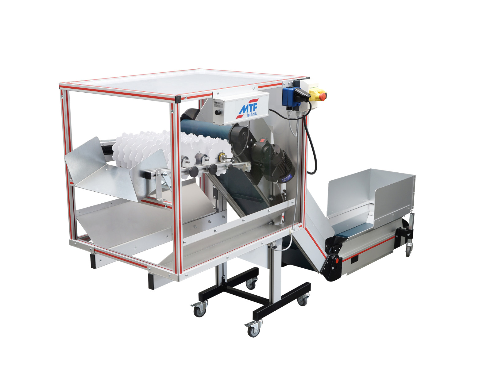 Winkelförderer NL-HE 020 mit Rollenseperator SSA-400, petrolfarbenem Stollengurt und fahrbarem Untergestell