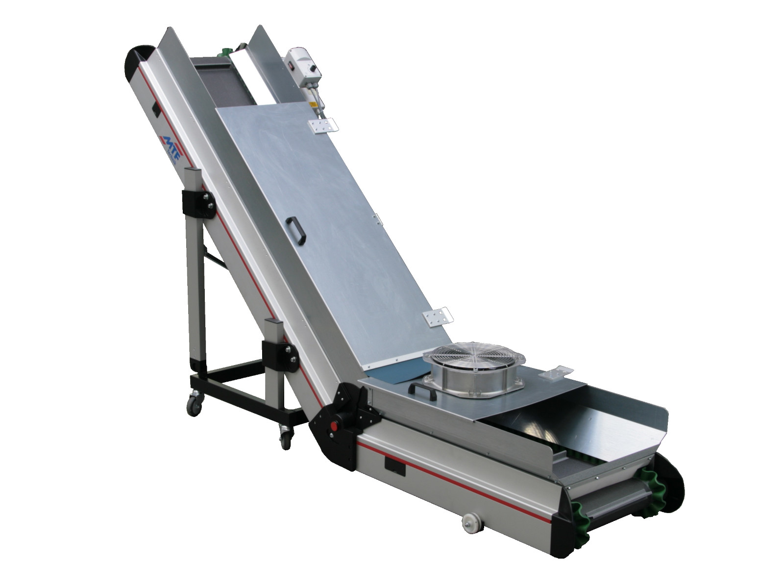 Winkelförderer NL-LD 120 mit Lüfter, grauem Stollengurt mit grünen Wellkanten und fahrbarem Untergestell